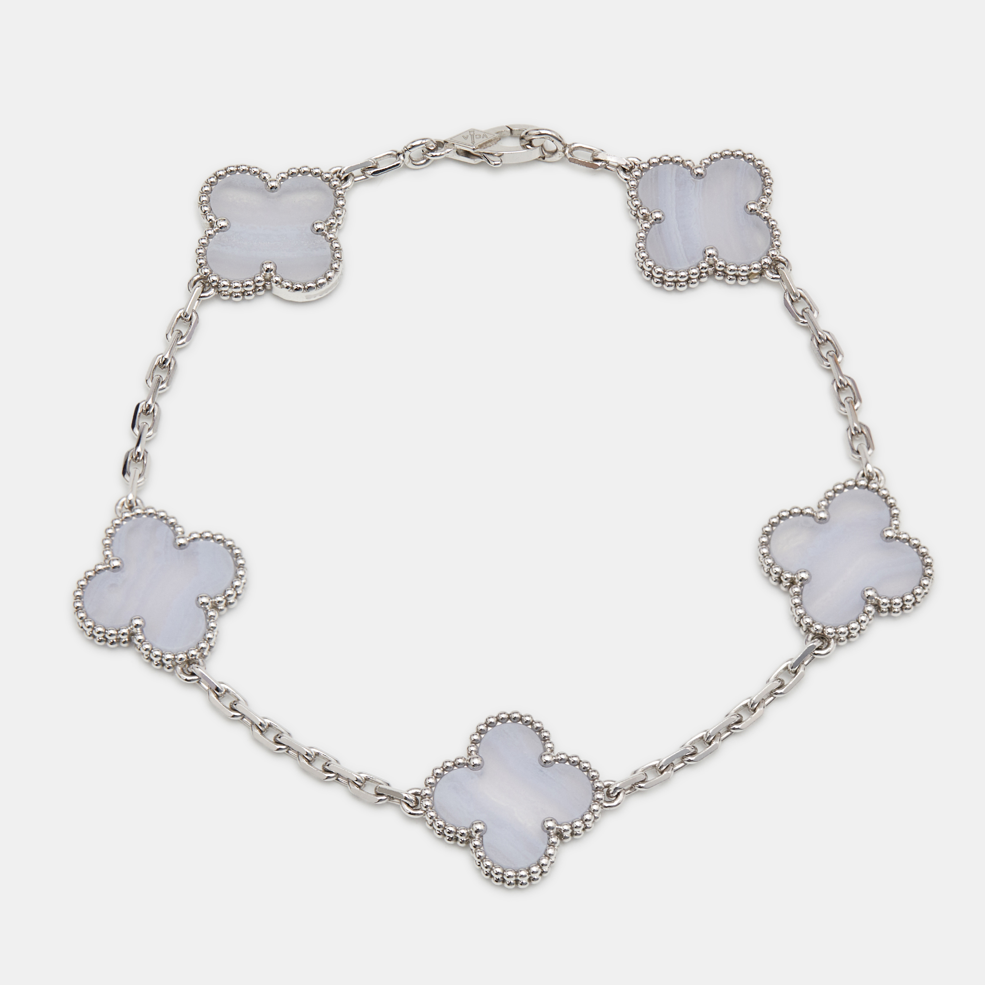 Van Cleef & Arpels Vintage Alhambra Chalcedony 5 Motif 18k White Gold Station Bracelet
Van Cleef & Arpels Vintage Alhambra Chalcedony 5 Motif 18k White Gold Station Bracelet