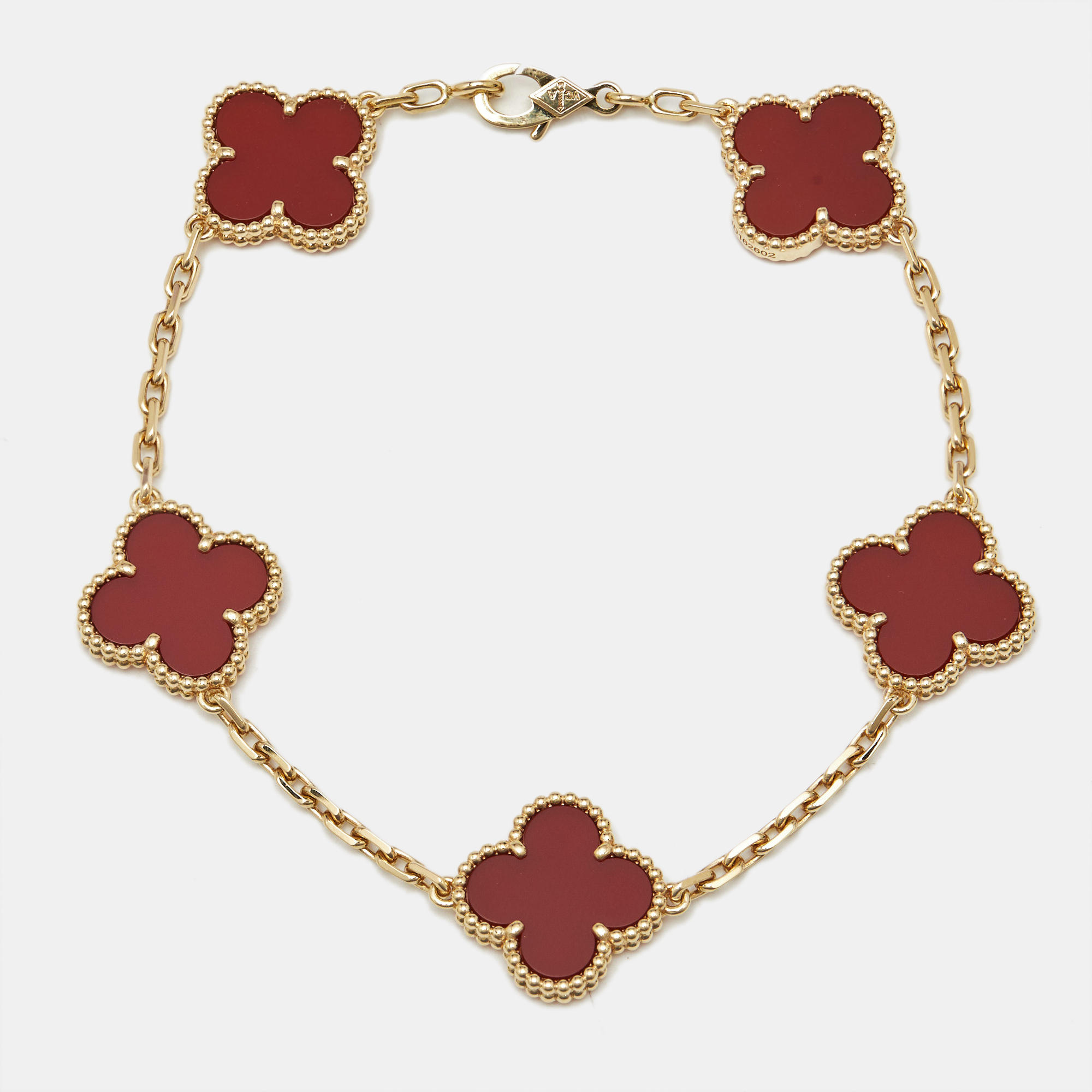 Van Cleef & Arpels Vintage Alhambra Carnelian 18k Yellow Gold 5 Motif Station Bracelet
Van Cleef & Arpels Vintage Alhambra Carnelian 18k Yellow Gold 5 Motif Station Bracelet