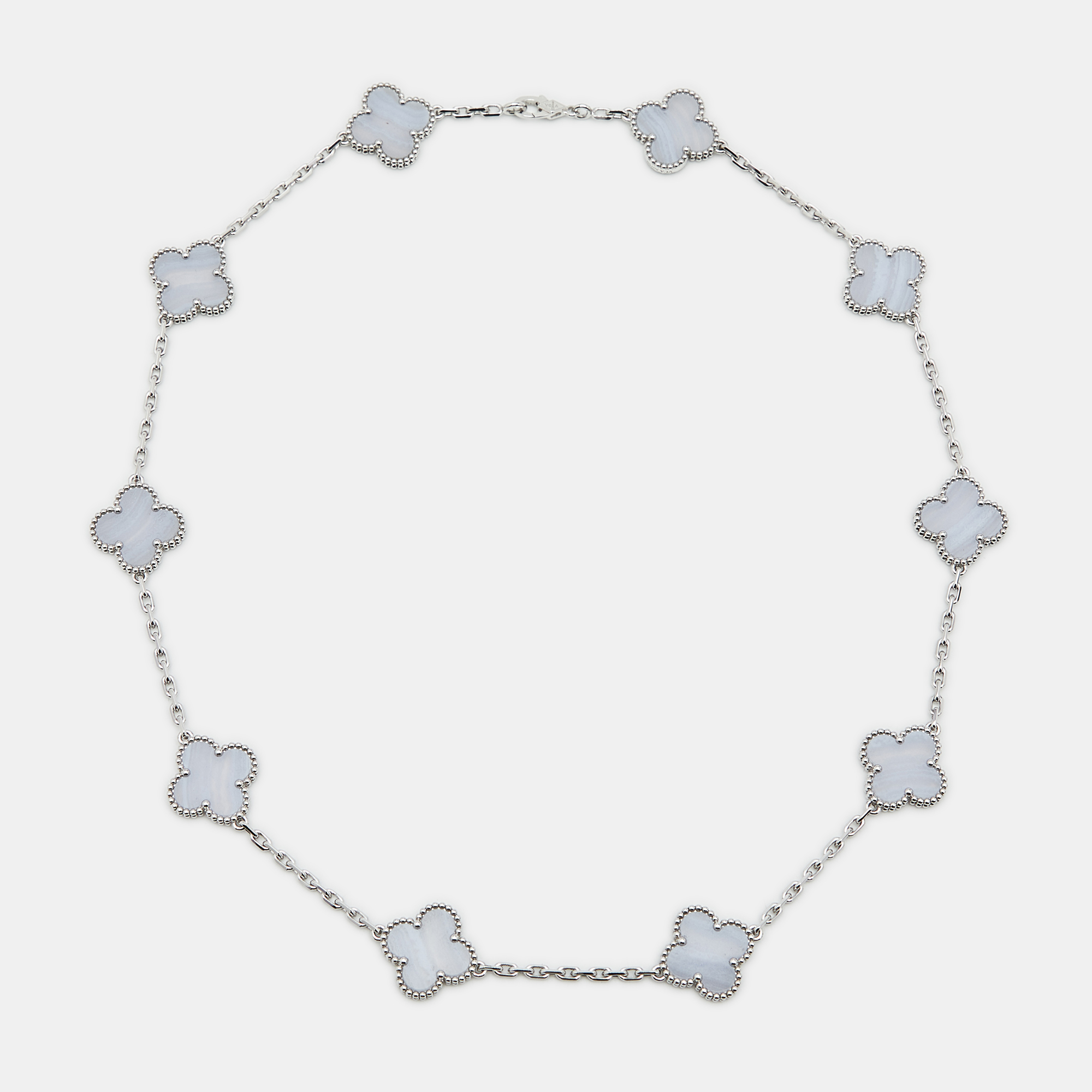 Van Cleef & Arpels Vintage Alhambra Chalcedony 18k White Gold 10 Motif Station Necklace
Van Cleef & Arpels Vintage Alhambra Chalcedony 18k White Gold 10 Motif Station Necklace