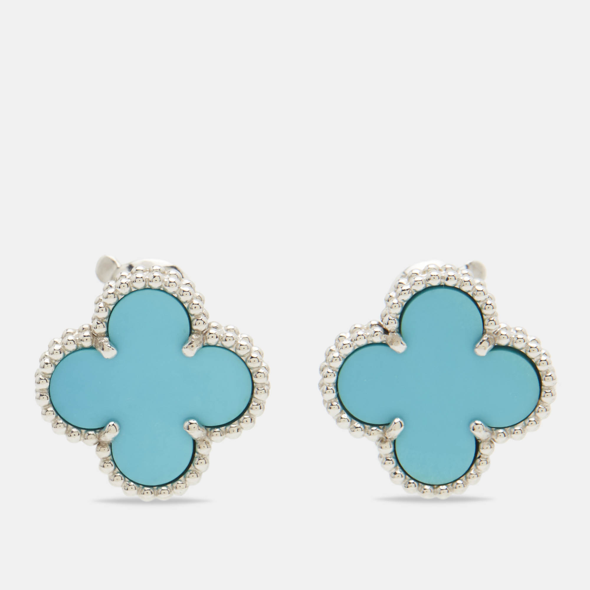 Van Cleef & Arpels Vintage Alhambra Turquoise 18k White Gold Earrings 
Van Cleef & Arpels Vintage Alhambra Turquoise 18k White Gold Earrings