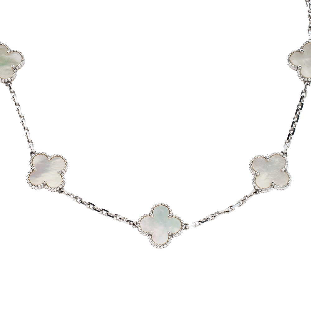 Van Cleef and Arpels Vintage Alhambra Mother of Pearl 10 Motif 18K White Gold Station Necklace
Van Cleef and Arpels Vintage Alhambra Mother of Pearl 10 Motif 18K White Gold Station Necklace