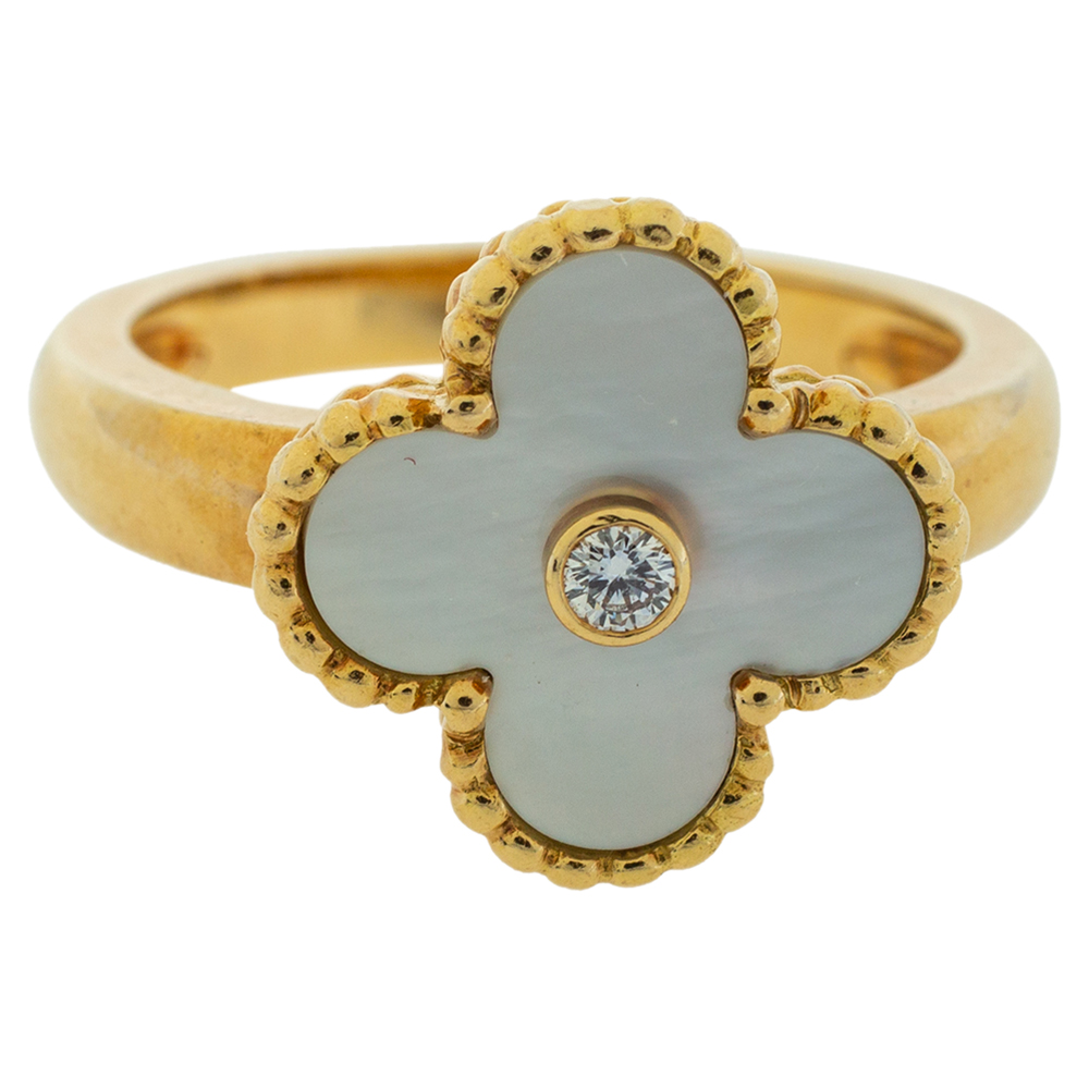 Van Cleef & Arpels Vintage Alhambra Mother of Pearl Diamond 18K Yellow Gold Ring Size
Van Cleef & Arpels Vintage Alhambra Mother of Pearl Diamond 18K Yellow Gold Ring Size