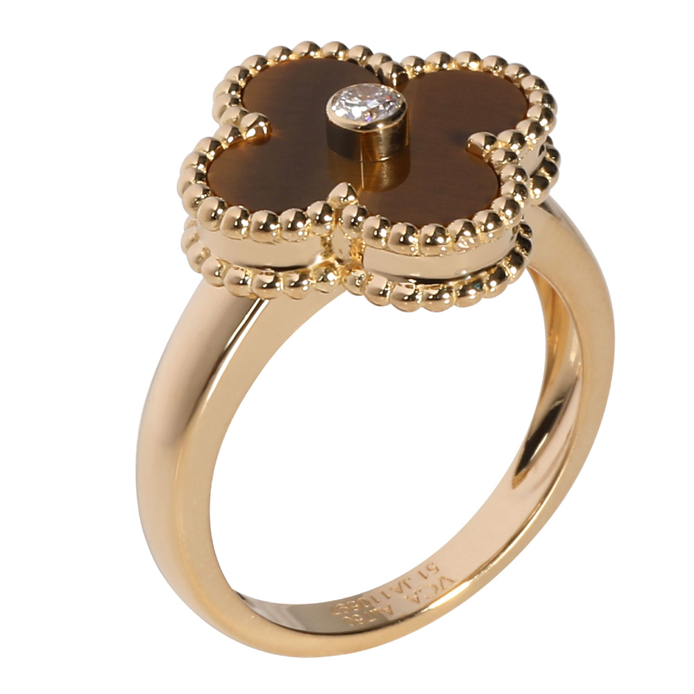 Van Cleef & Arpels Alhambra Tiger Eye 18K Yellow Gold Diamond Ring Size EU 51