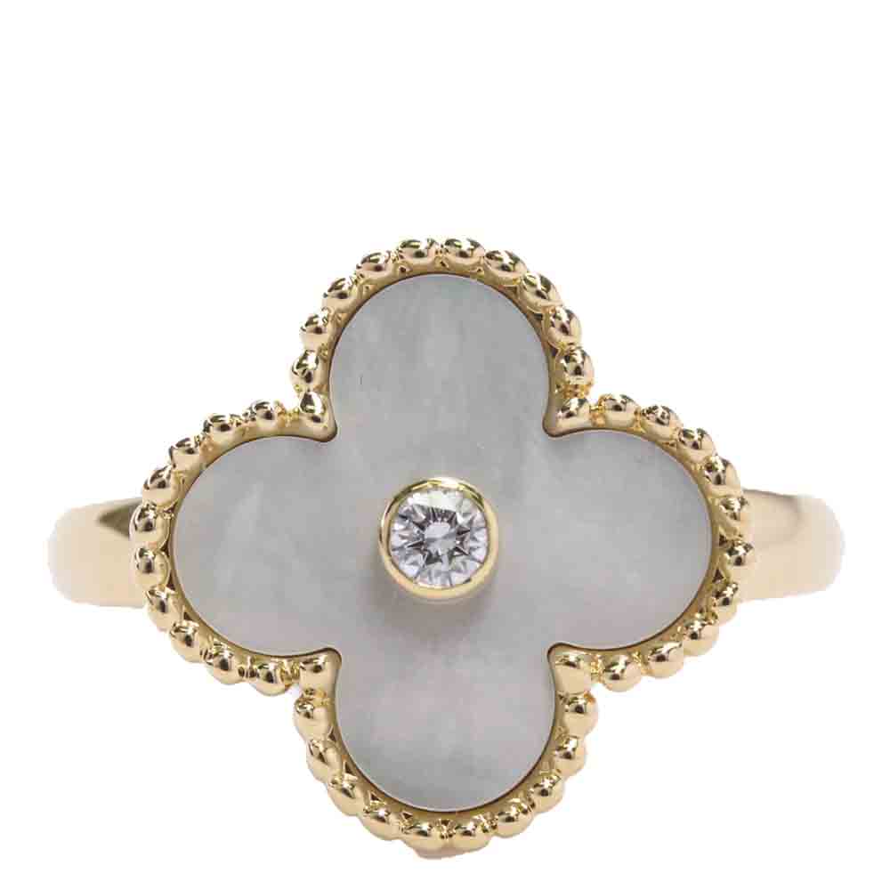 Van Cleef & Arpels Vintage Alhambra 18K Yellow Gold Diamond MOP Ring Size EU 51