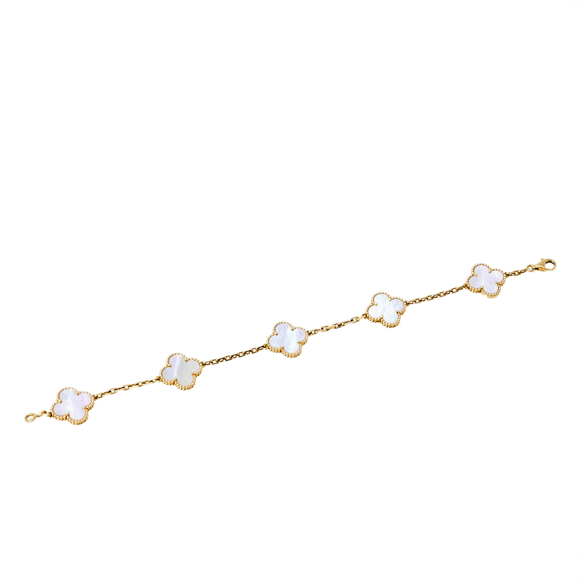 Van Cleef & Arpels Vintage Alhambra Mother of Pearl 18K Yellow Gold 5 Motif Bracelet
Van Cleef & Arpels Vintage Alhambra Mother of Pearl 18K Yellow Gold 5 Motif Bracelet