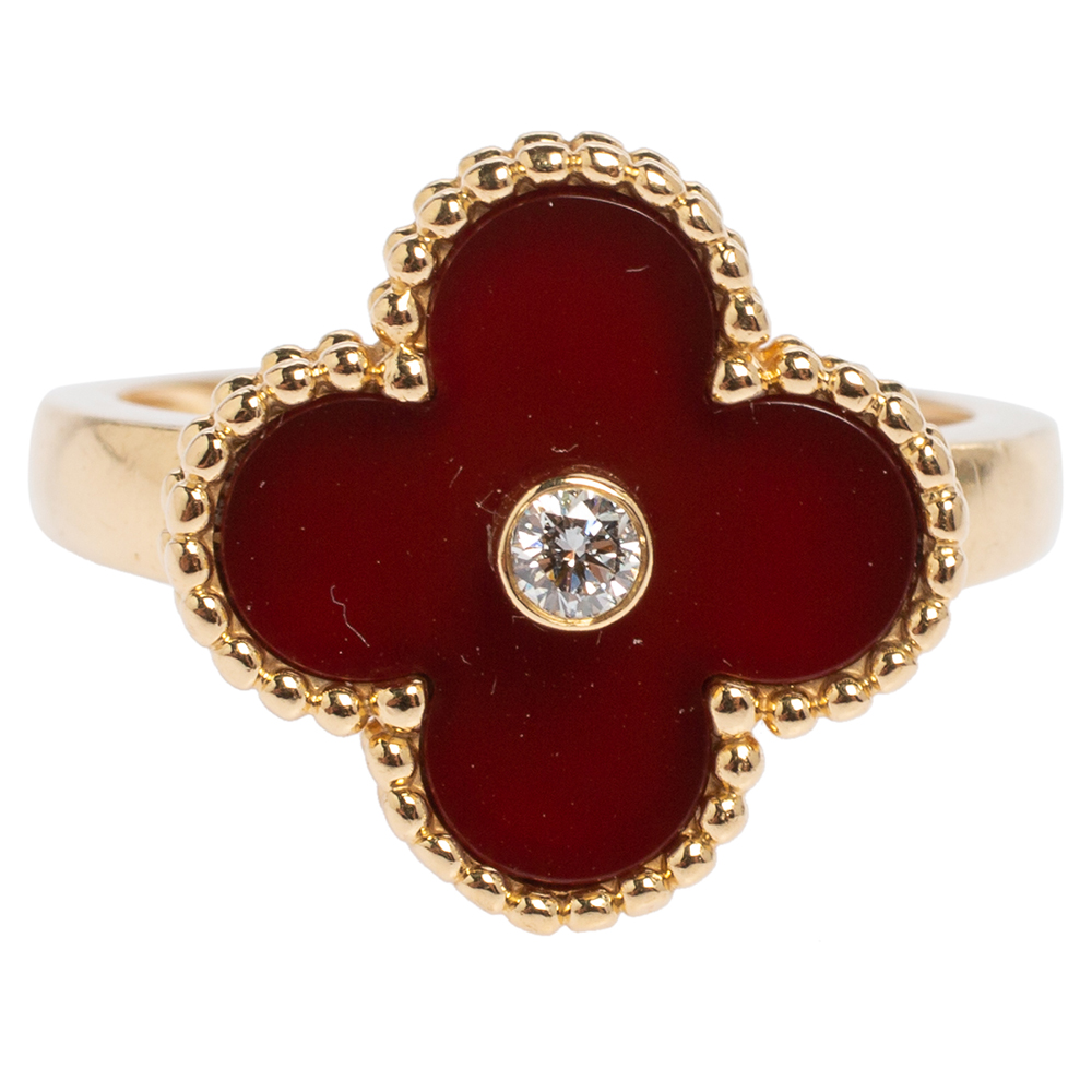 Van Cleef & Arpels Vintage Alhambra Carnelian 18K Yellow Gold Diamond Ring Size EU 52
Van Cleef & Arpels Vintage Alhambra Carnelian 18K Yellow Gold Diamond Ring Size EU 52