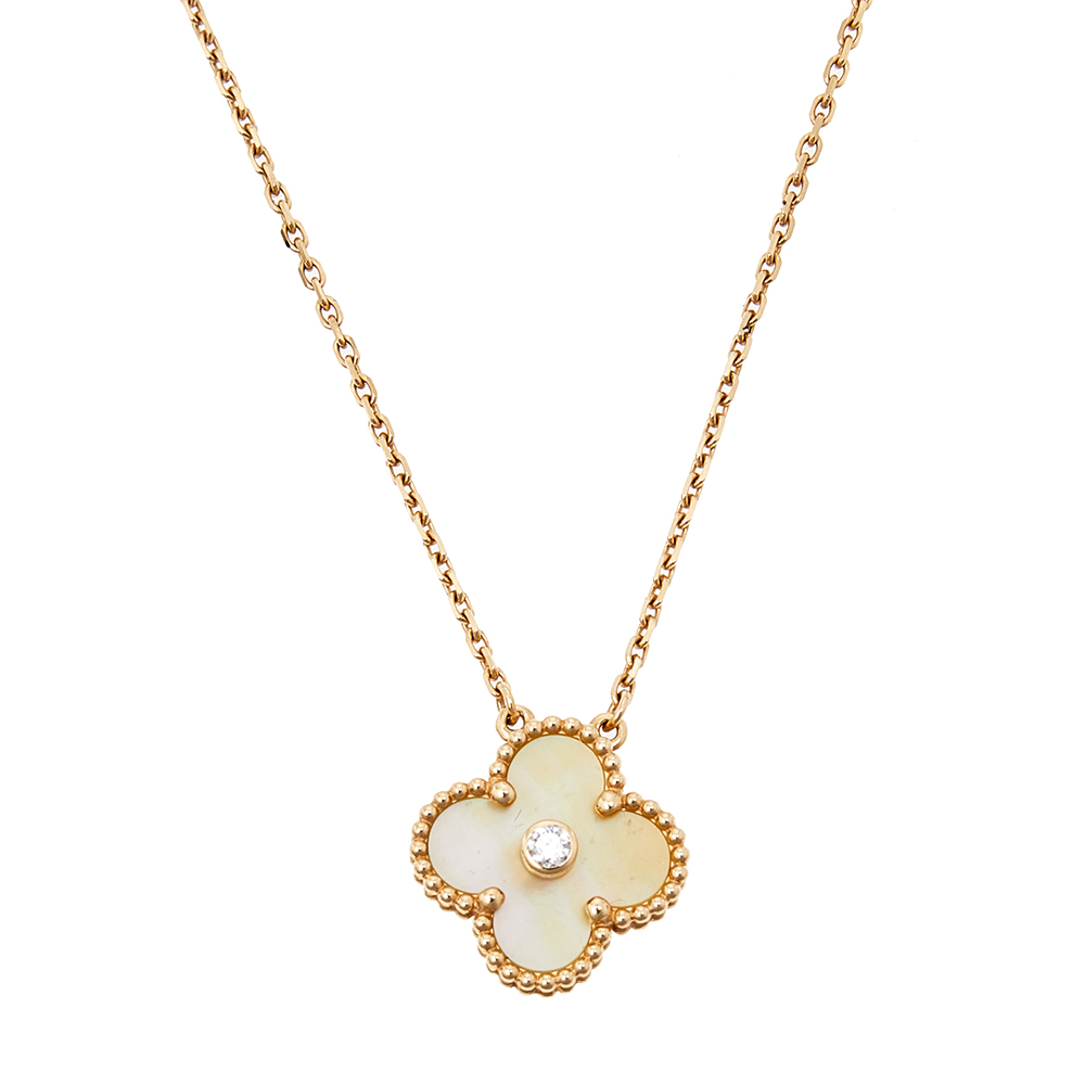 Van Cleef & Arpels Vintage Alhambra Mother of Pearl Diamond 18K Yellow Gold Pendant Necklace