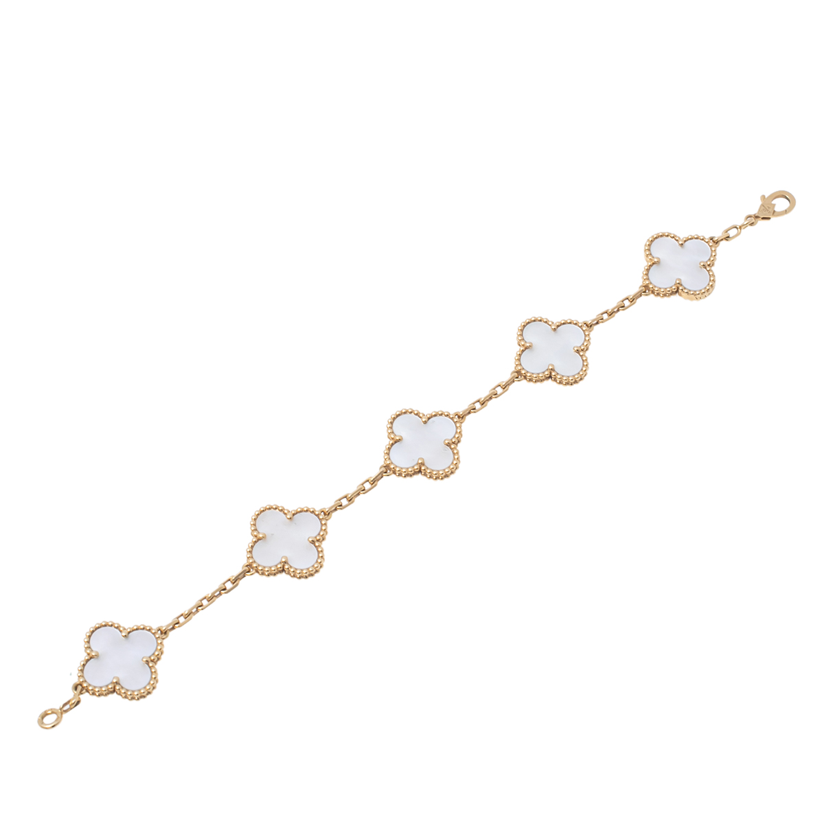 Van Cleef & Arpels Vintage Alhambra Mother of Pearl 18K Yellow Gold 5 Motif Station Bracelet
Van Cleef & Arpels Vintage Alhambra Mother of Pearl 18K Yellow Gold 5 Motif Station Bracelet