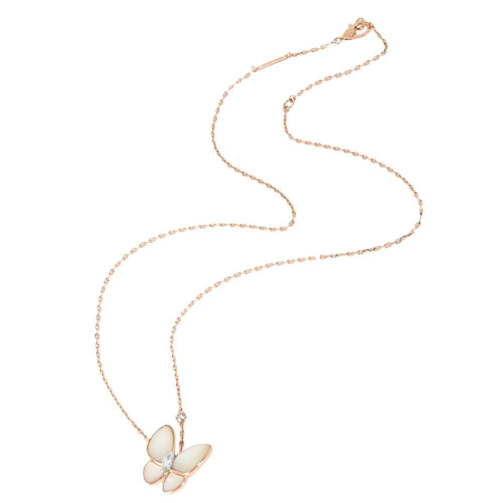 Van Cleef & Arpels Two Butterfly Mother Of Pearl 18K Rose Gold Diamond Necklace
Van Cleef & Arpels Two Butterfly Mother Of Pearl 18K Rose Gold Diamond Necklace