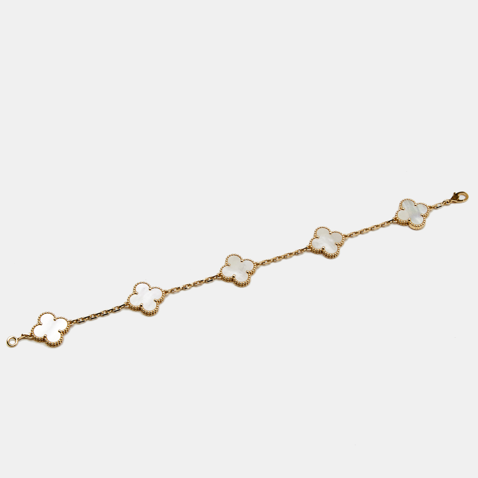 Van Cleef & Arpels Vintage Alhambra 5 Motif Mother Of Pearl 18k Yellow Gold Station Bracelet
Van Cleef & Arpels Vintage Alhambra 5 Motif Mother Of Pearl 18k Yellow Gold Station Bracelet
