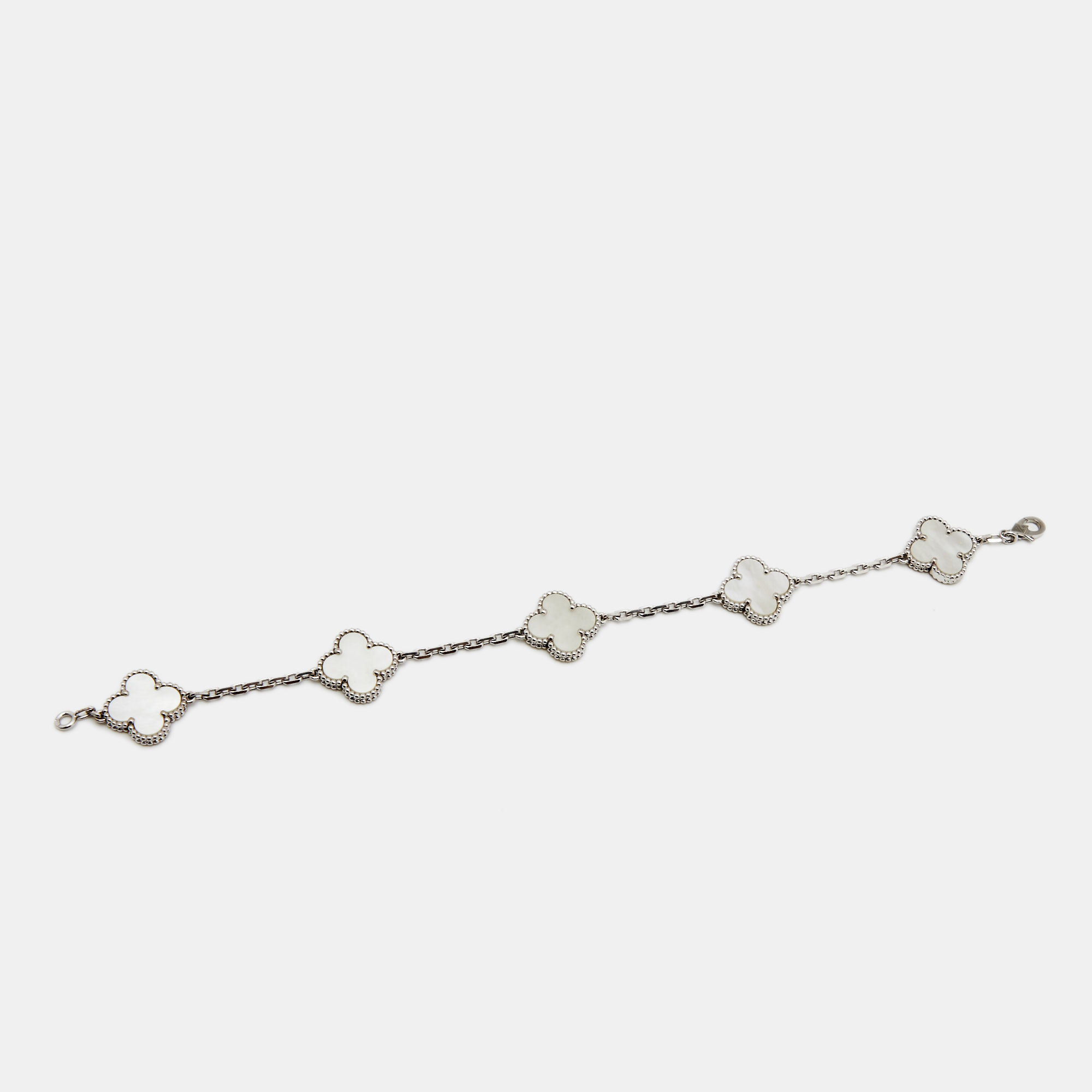 Van Cleef & Arpels Vintage Alhambra 5 Motif Mother of Pearl 18K White Gold Station Bracelet
Van Cleef & Arpels Vintage Alhambra 5 Motif Mother of Pearl 18K White Gold Station Bracelet