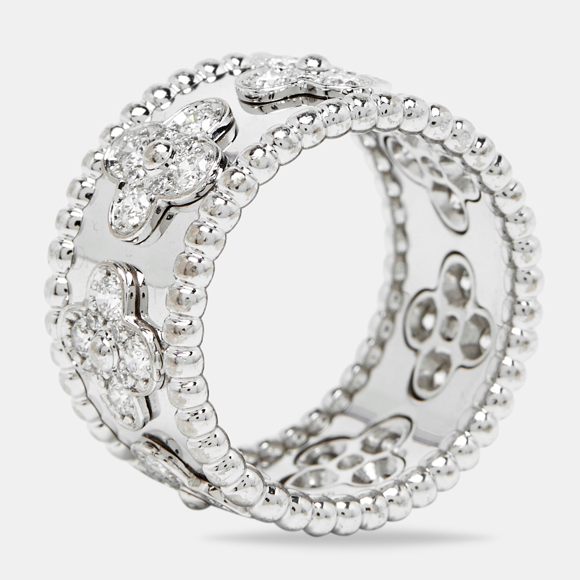 Van cleef & arpels perl&eacute;e clover diamond 18k white gold large model ring 56