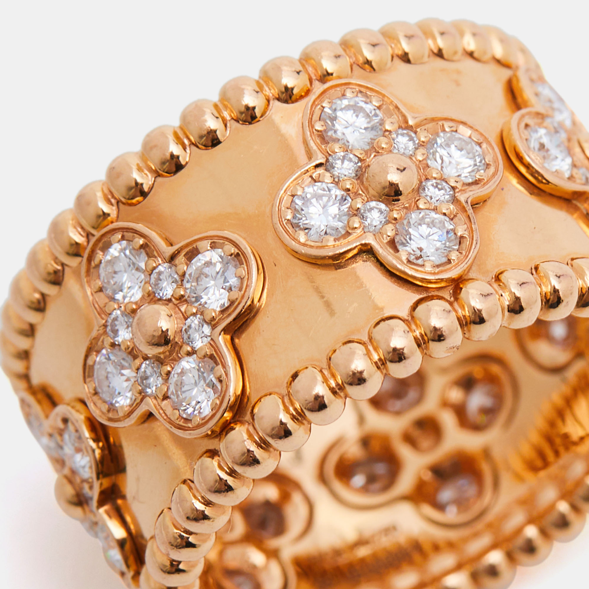 Van Cleef & Arpels Perlée Clover Diamonds 18k Rose Gold Ring Size 55