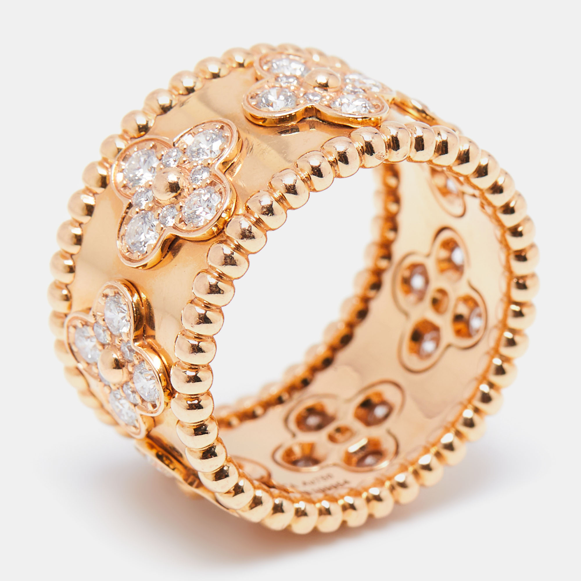 Van cleef & arpels perl&eacute;e clover diamonds 18k rose gold ring size 55