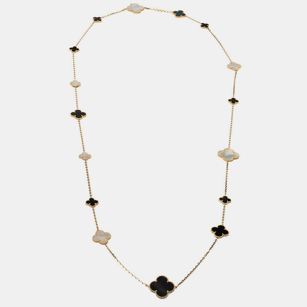 Van cleef & arpels magic alhambra mother of pearl 18k yellow gold 16 motif station necklace