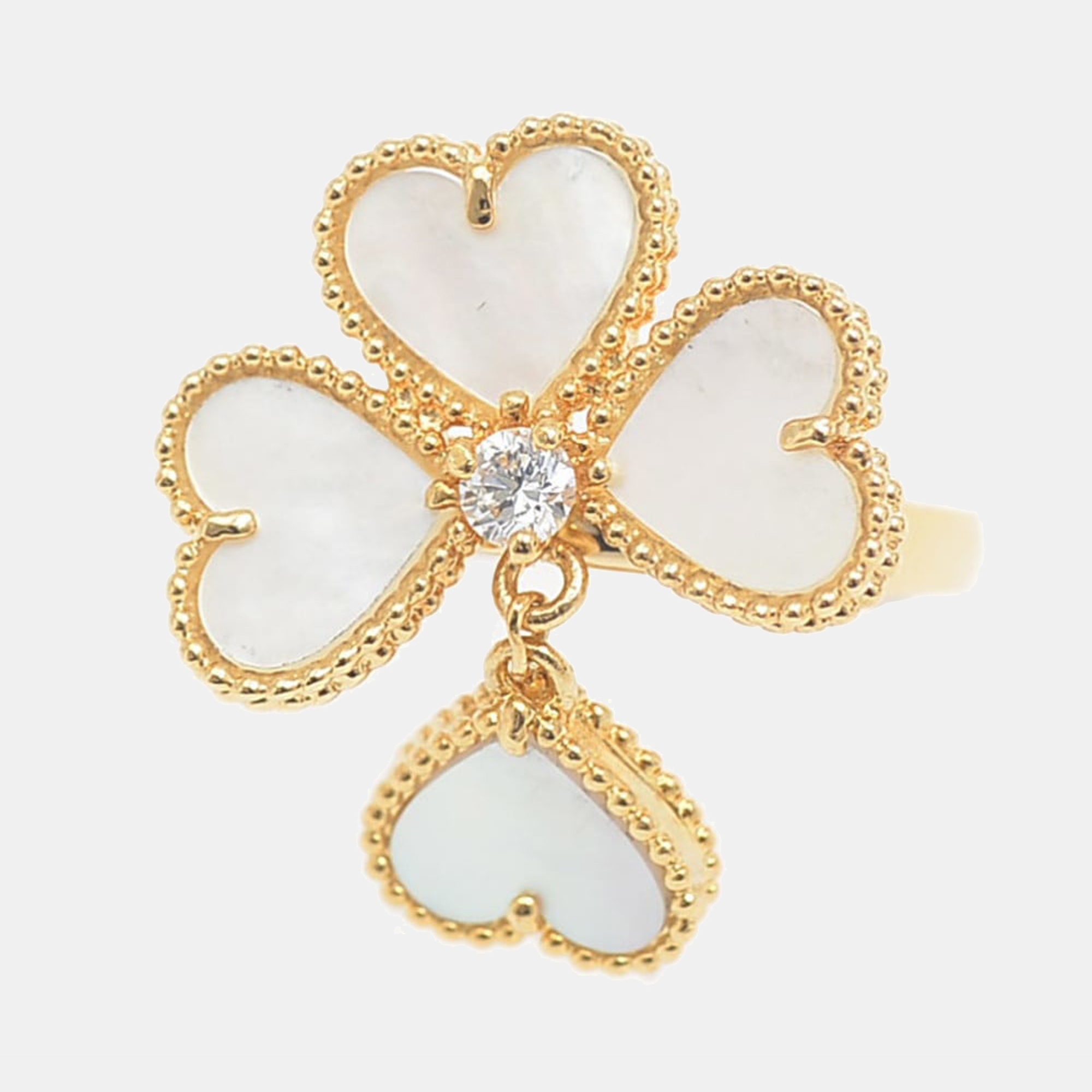 Van Cleef & Arpels Sweet Alhambra Effeuillage 18K Yellow Gold Diamond and Mother of Pearl Ring EU 47
Van Cleef & Arpels Sweet Alhambra Effeuillage 18K Yellow Gold Diamond and Mother of Pearl Ring EU 47