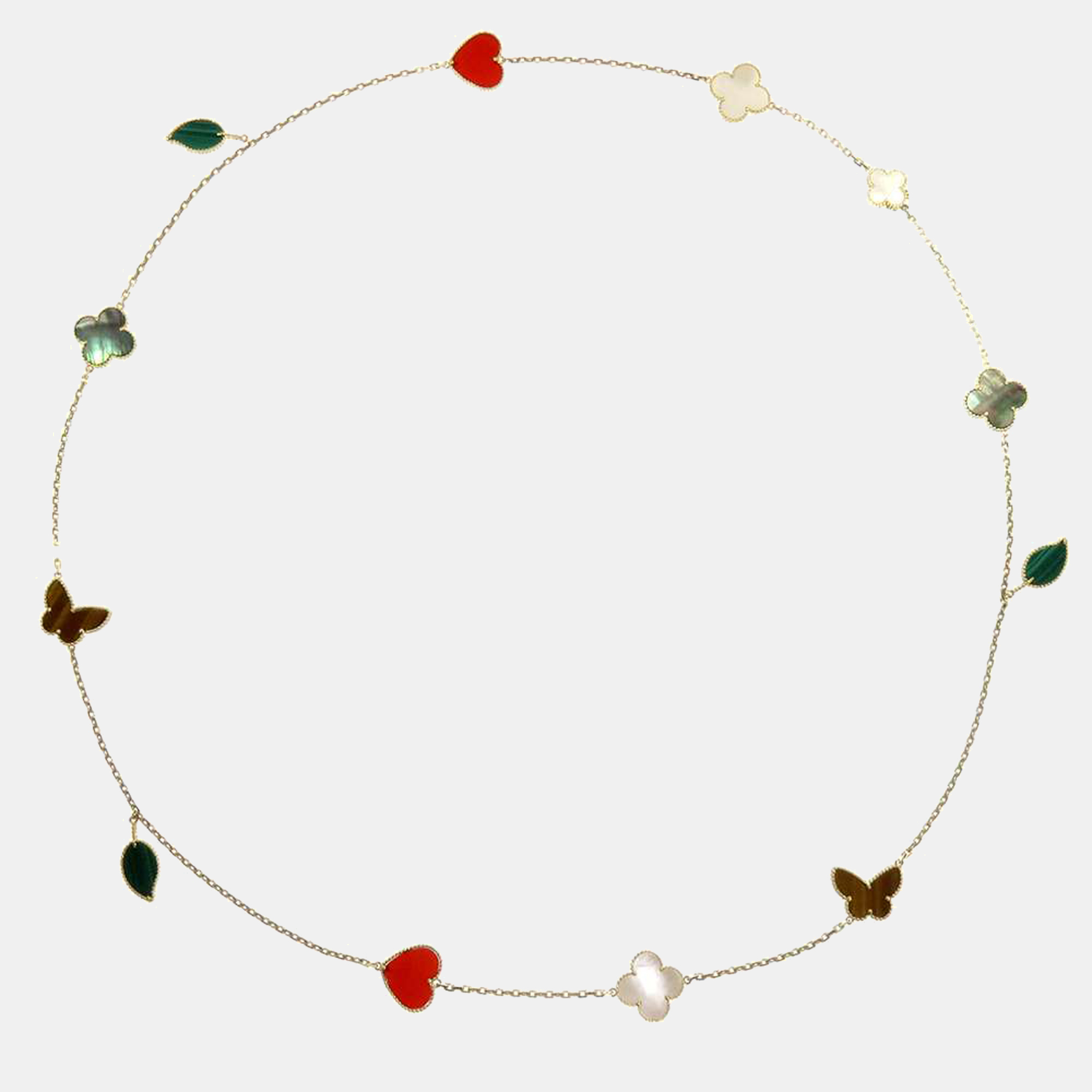 Van Cleef & Arpels Lucky Alhambra 18K Yellow Gold Mother Of Pearl Malachite Tiger Eye And Carnelian Necklace