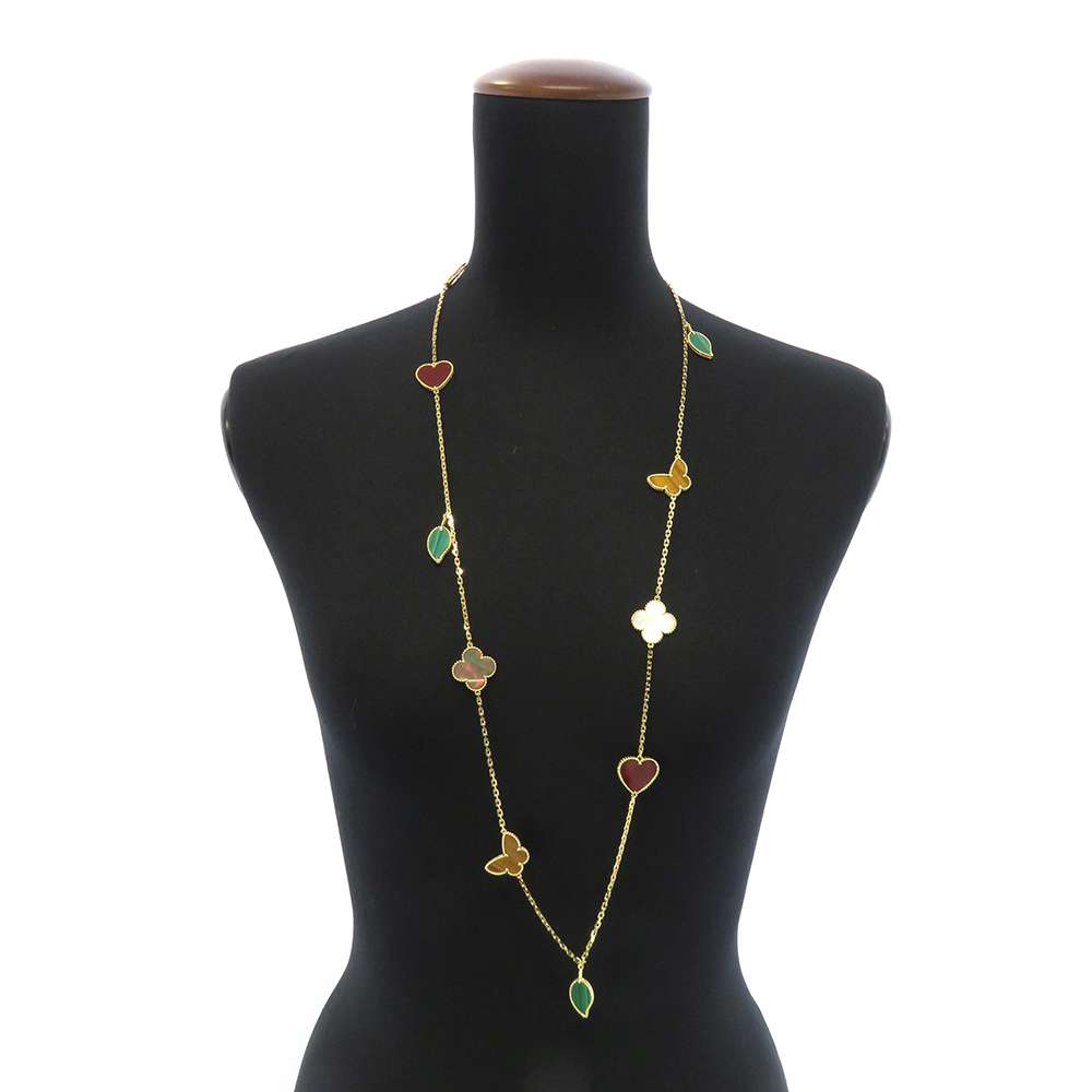 Van Cleef & Arpels Lucky Alhambra 18K Yellow Gold Mother Of Pearl Malachite Tiger Eye And Carnelian Necklace