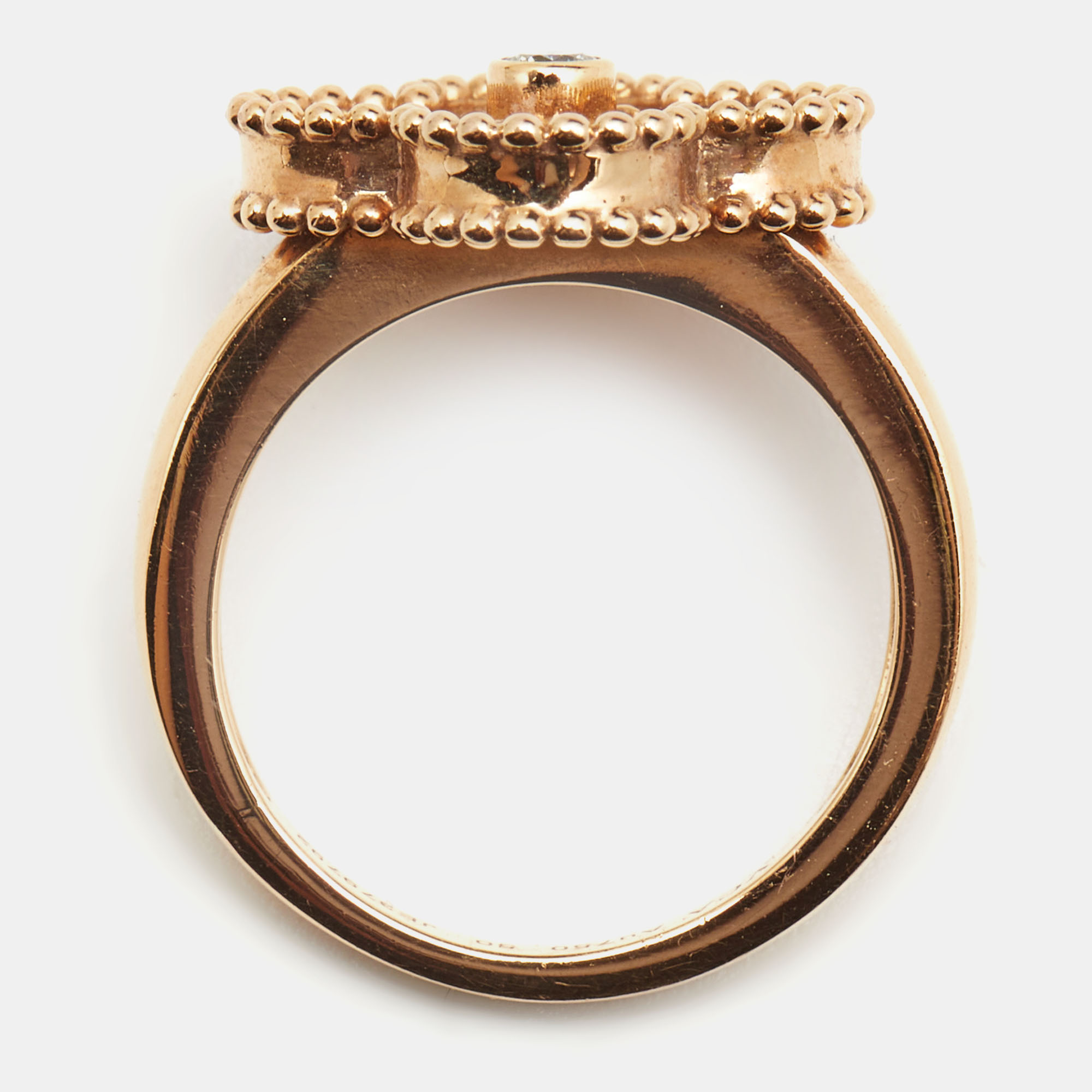 Van Cleef & Arpels Vintage Alhambra Diamond Textured 18k Rose Gold Ring Size 50