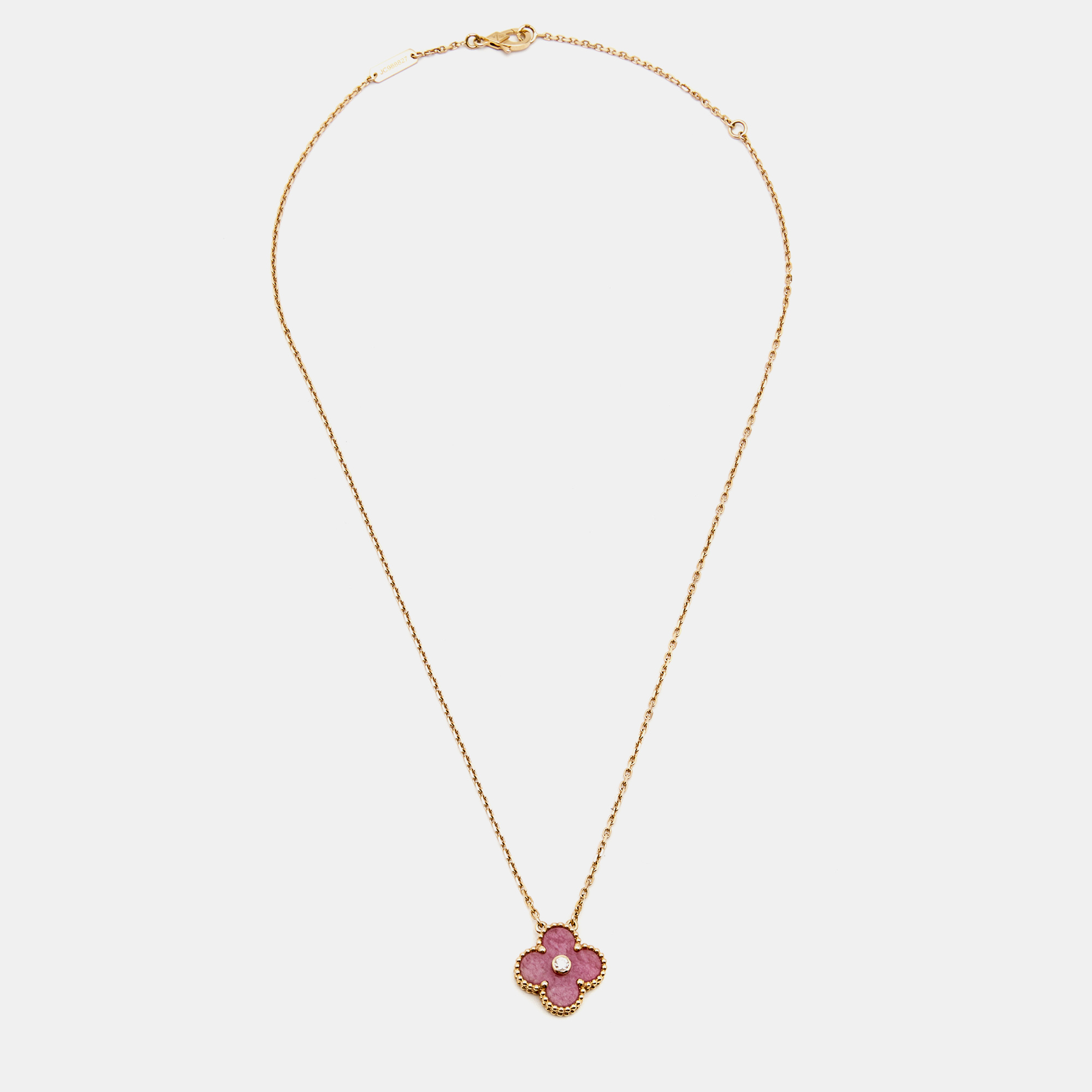 Van Cleef & Arpels Vintage Alhambra Rhodonite Diamond 18k Rose Gold Necklace
Van Cleef & Arpels Vintage Alhambra Rhodonite Diamond 18k Rose Gold Necklace