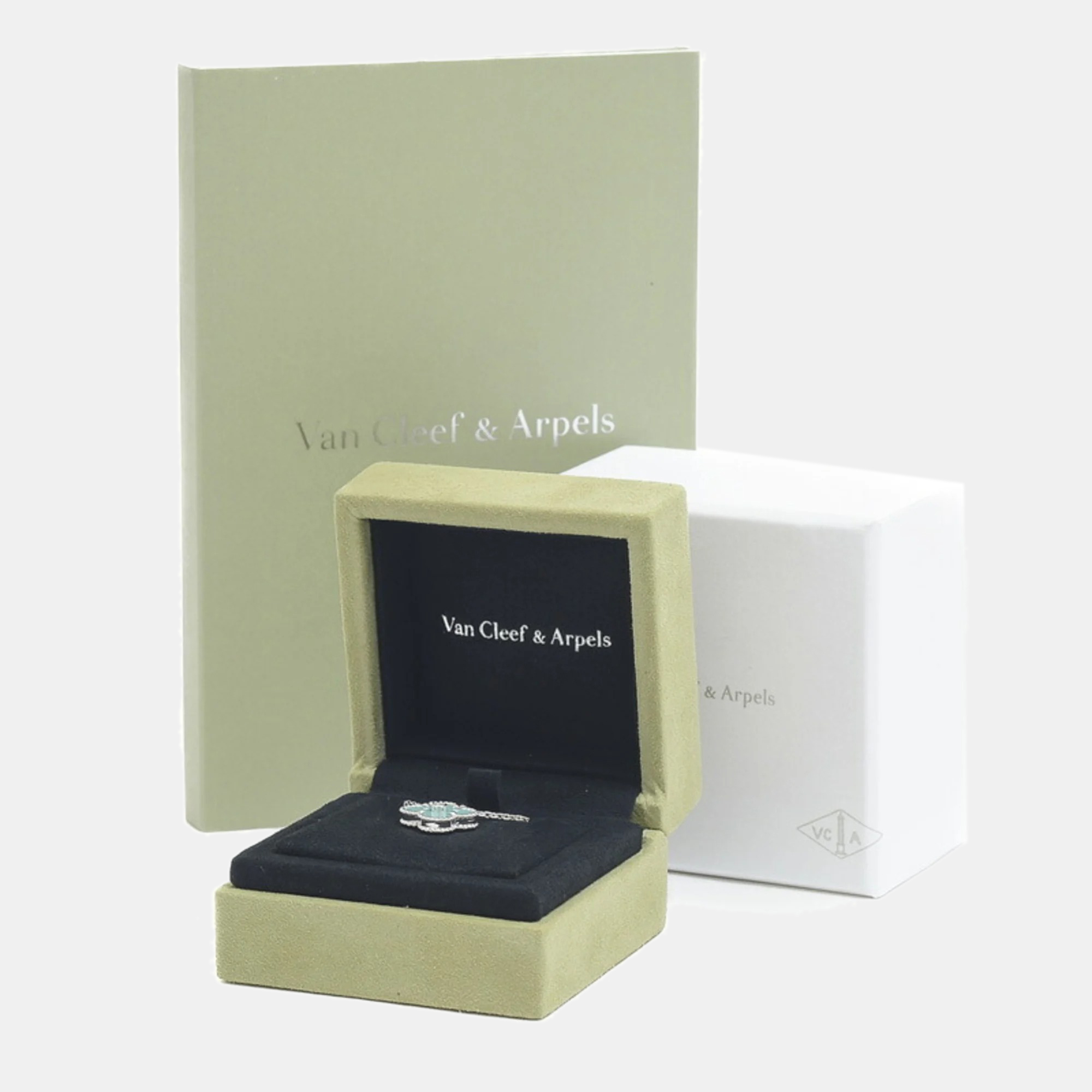 Van Cleef & Arpels Vintage Alhambra Limited Edition 18K White Gold Diamond  Celadon Sevres Porcelain Necklace