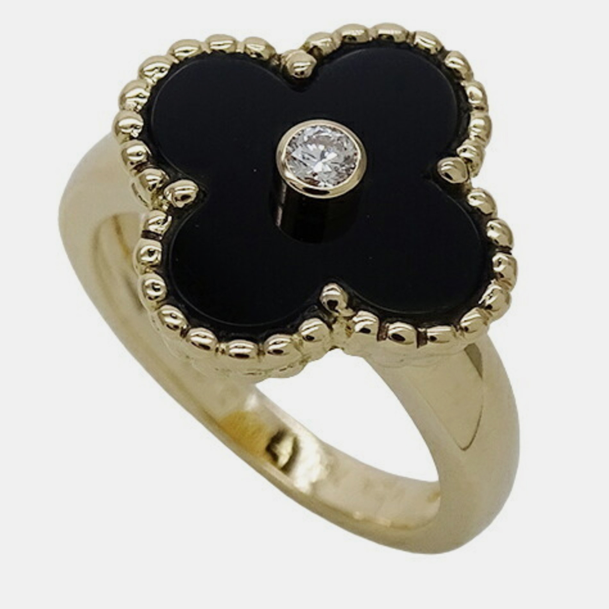 Van Cleef & Arpels Vintage Alhambra 18K Yellow Gold Diamond And Onyx Ring EU 48