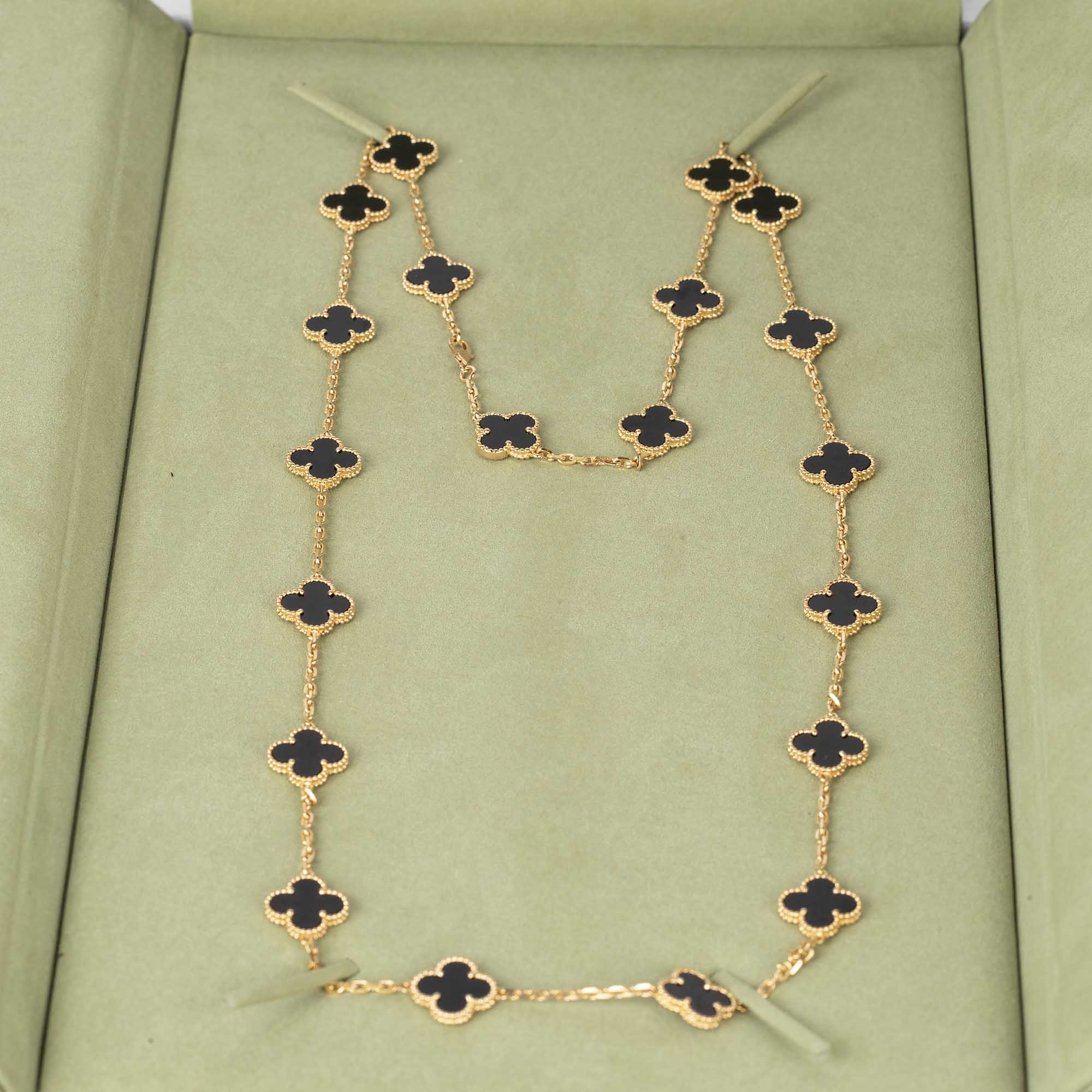 Van Cleef & Arpels 18k Yellow Gold & Black Onyx Alhambra 20 Motif Necklace