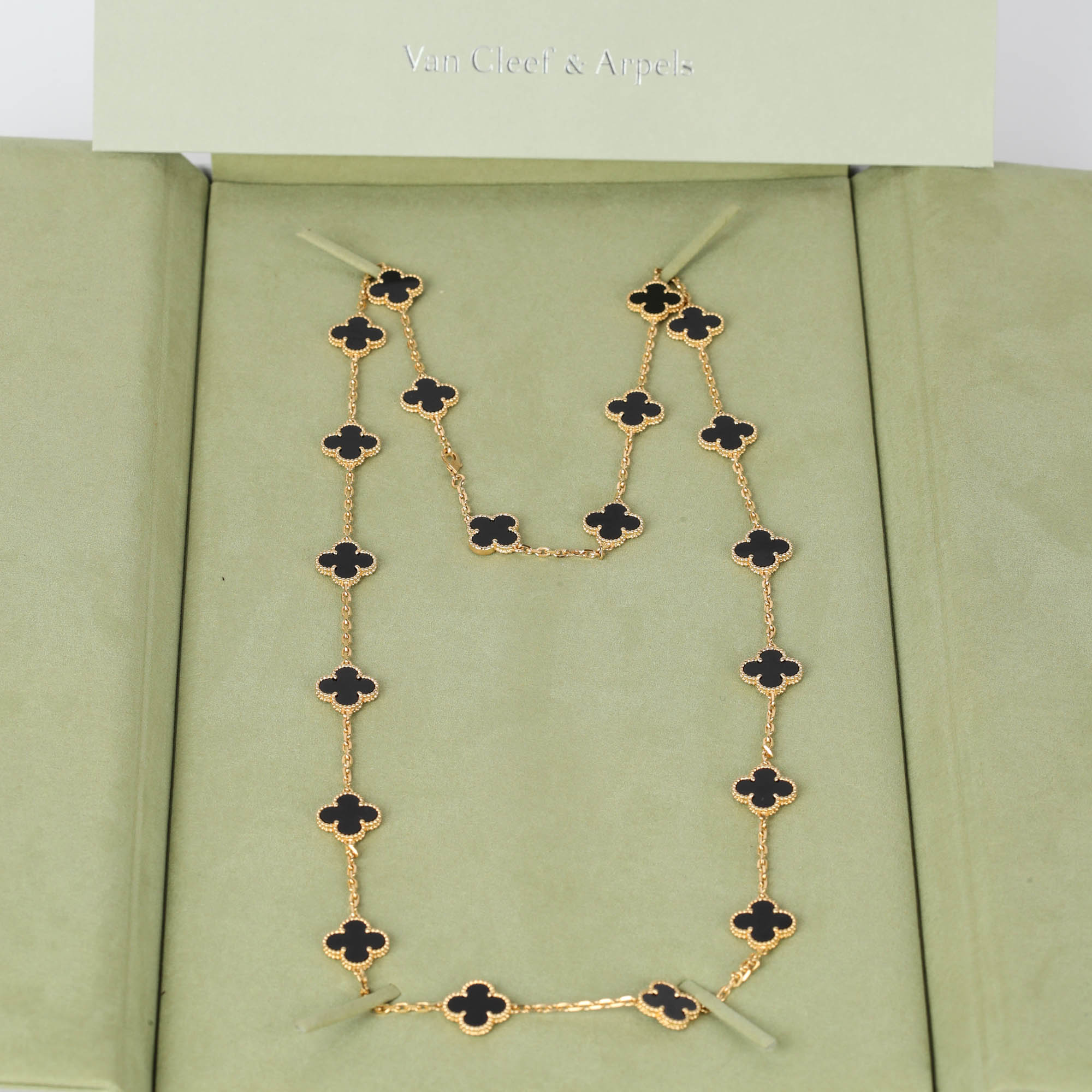 Van Cleef & Arpels 18k Yellow Gold & Black Onyx Alhambra 20 Motif Necklace