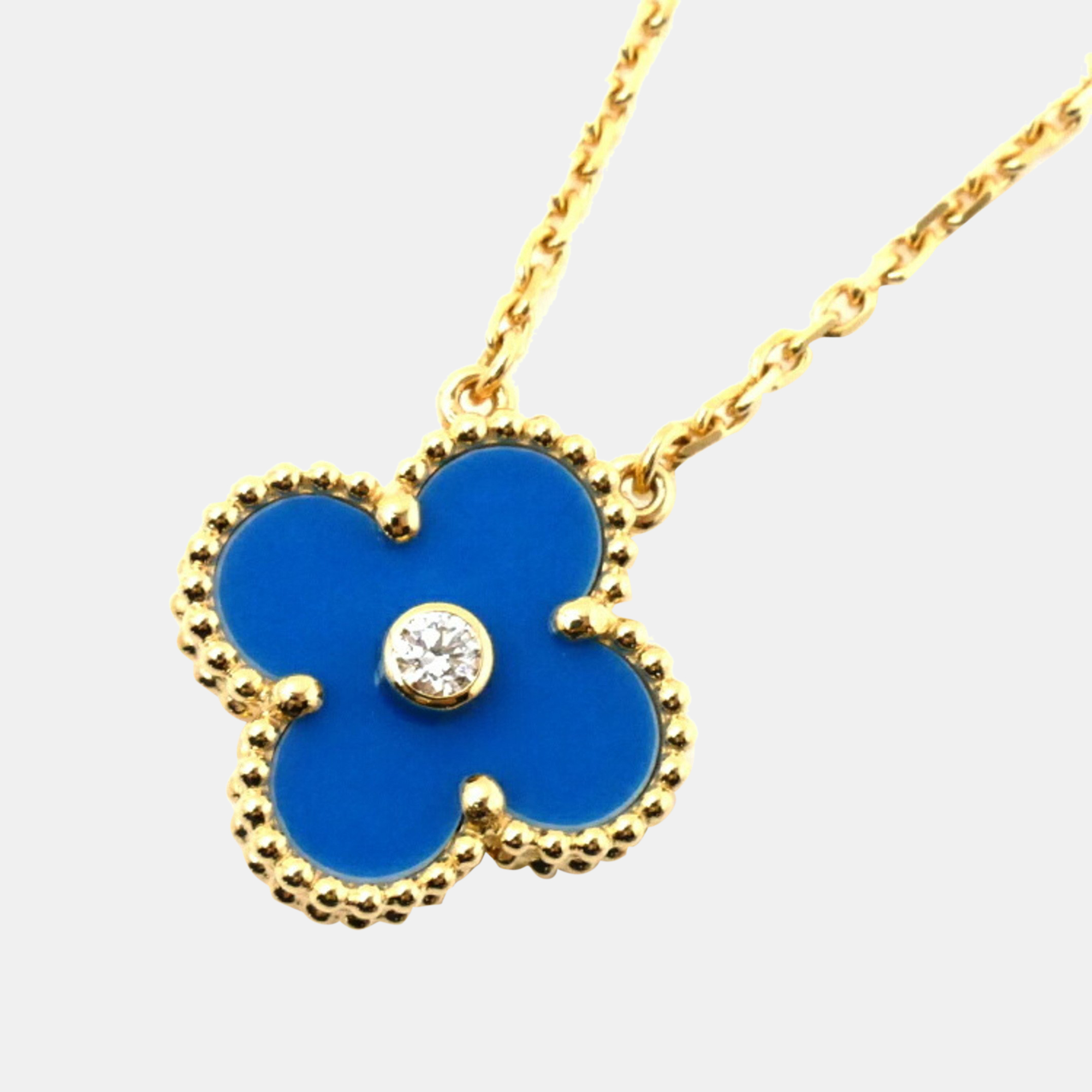 Van Cleef & Arpels Blue 18K Yellow Gold And Diamond  Vintage Alhambra Pendant Necklace