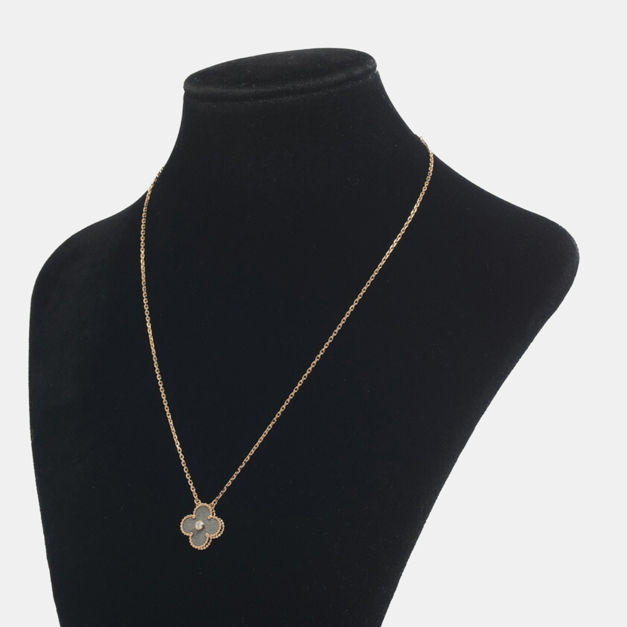 Van Cleef & Arpels Silver Obsidian And 18K Rose Gold Vintage Alhambra Pendant Necklace