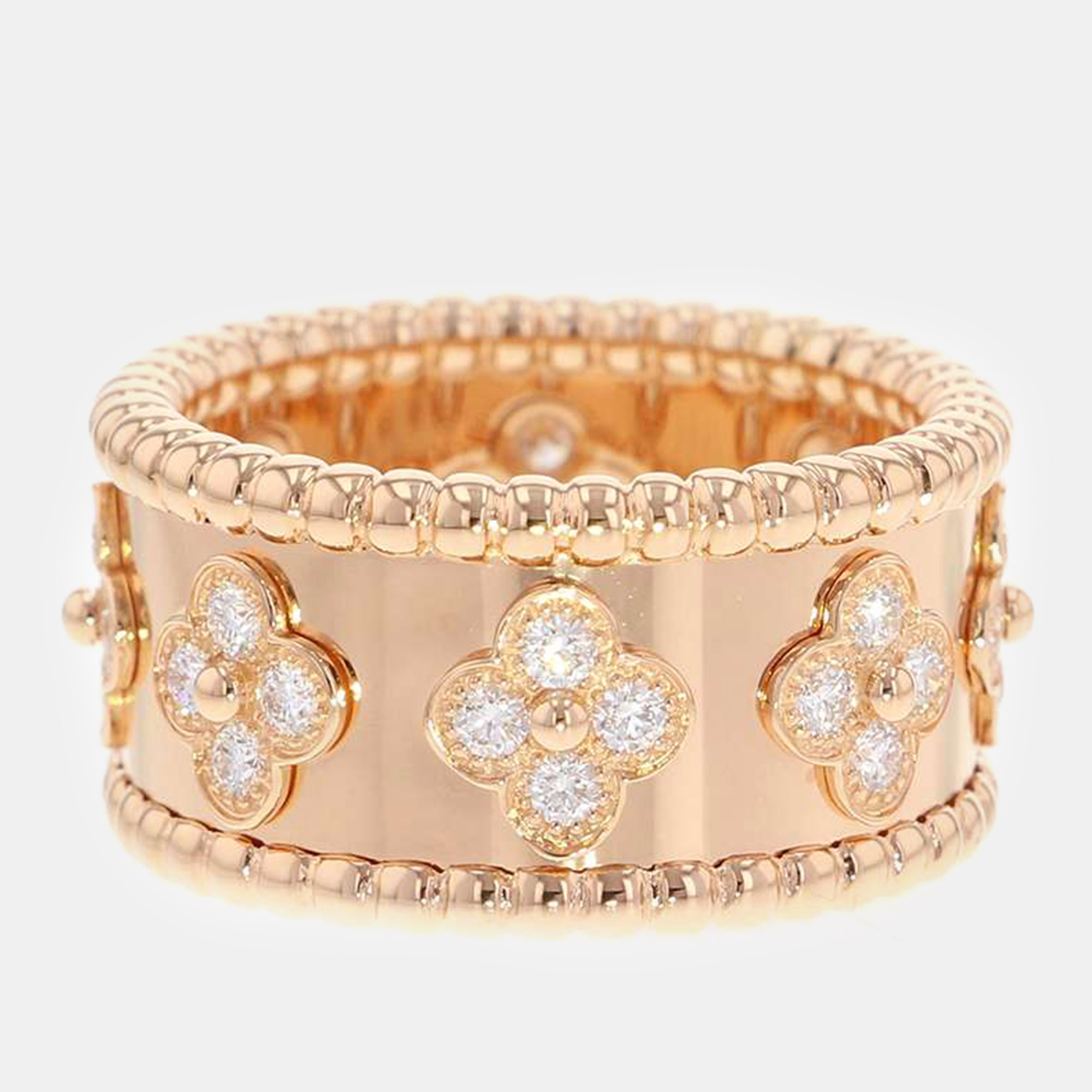 Van cleef & arpels 18k rose gold and diamond large perl&eacute;e clover band ring eu 53