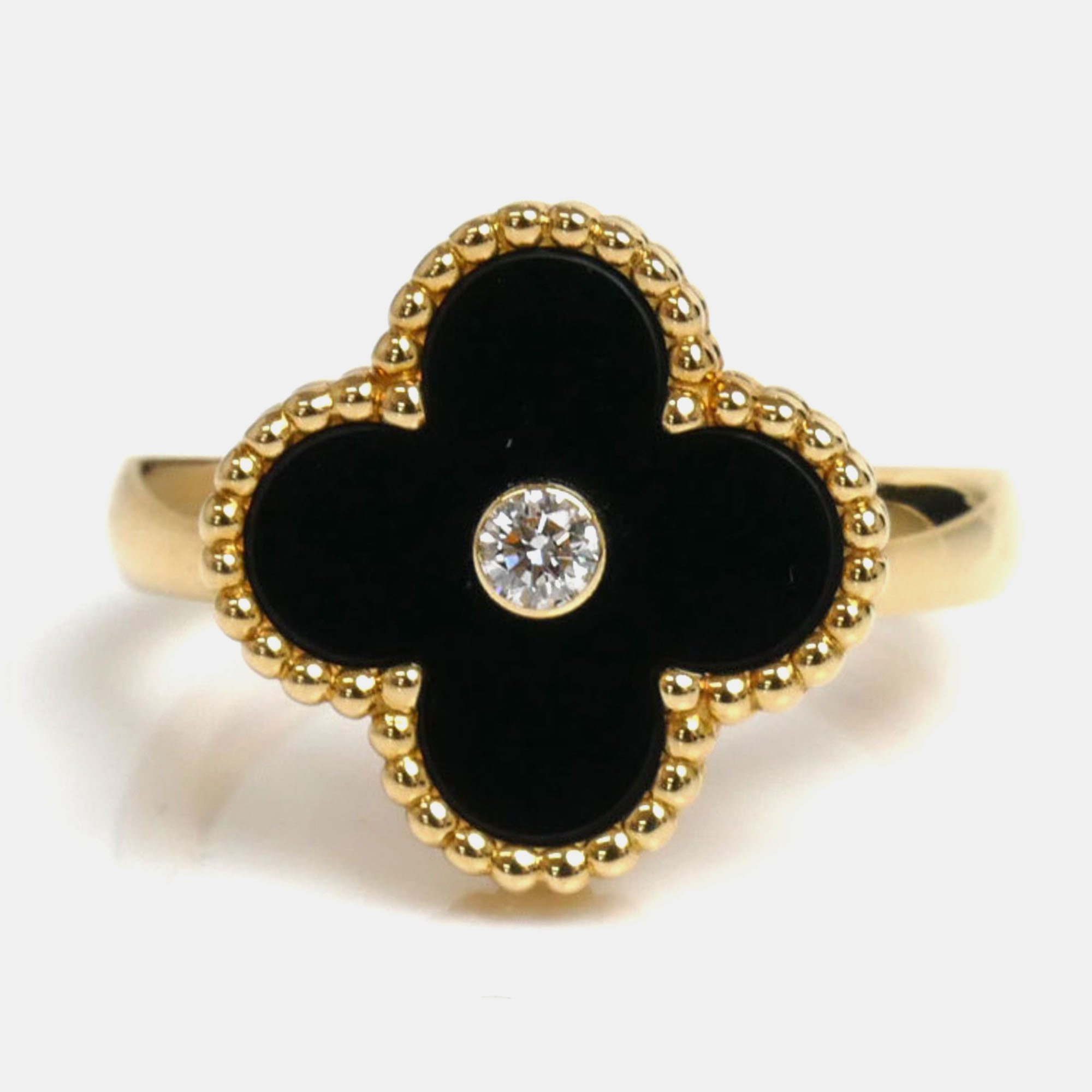 Van cleef & arpels 18k yellow gold, diamond and onyx vintage alhambra ring eu 54
