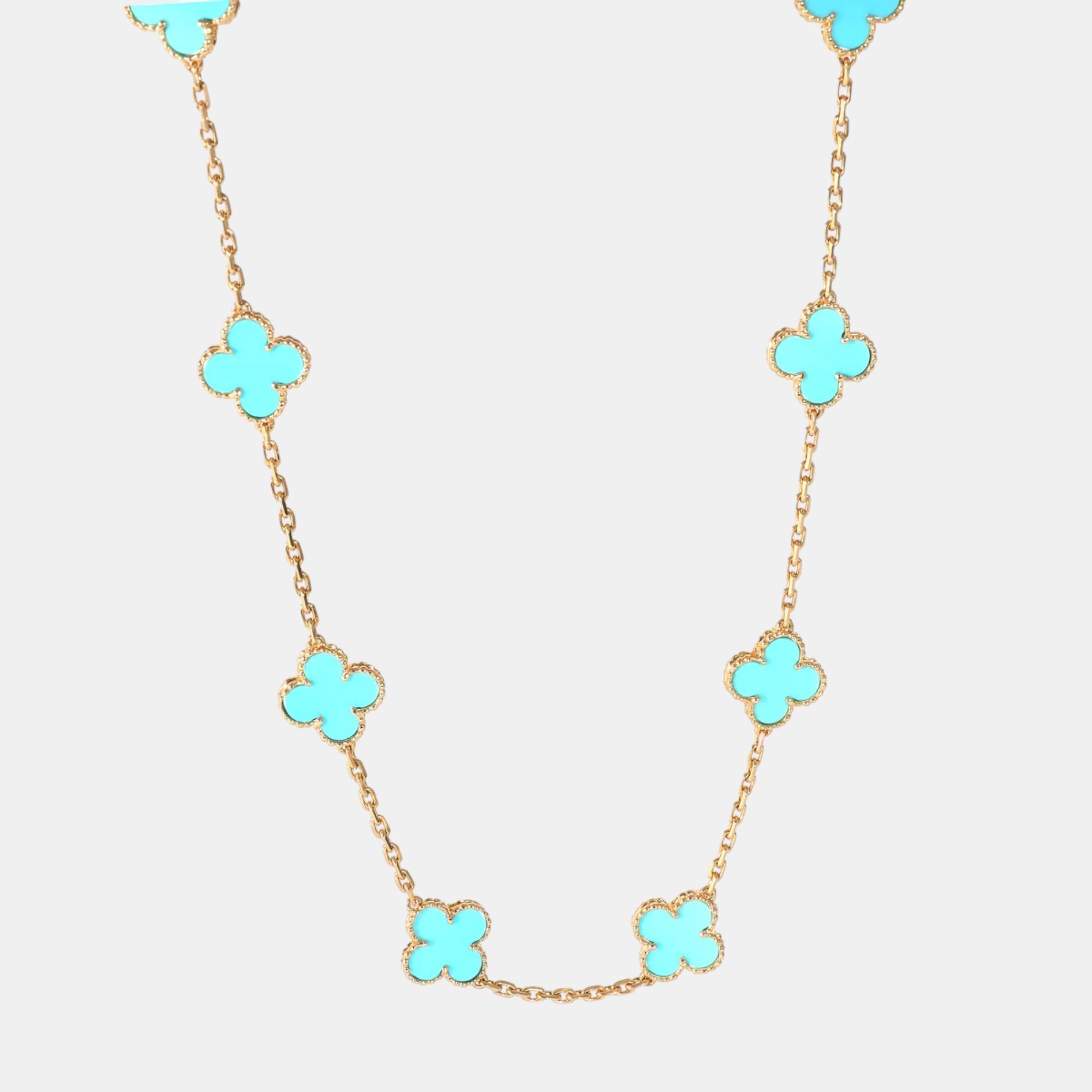 Van cleef & arpels 18k gold vintage alhambra 10-station turquoise necklace