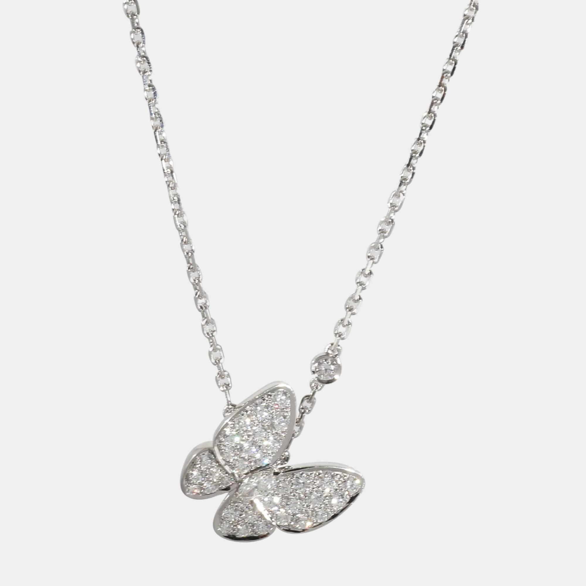 Van cleef & arpels 18k white gold two butterfly diamond pendant necklace