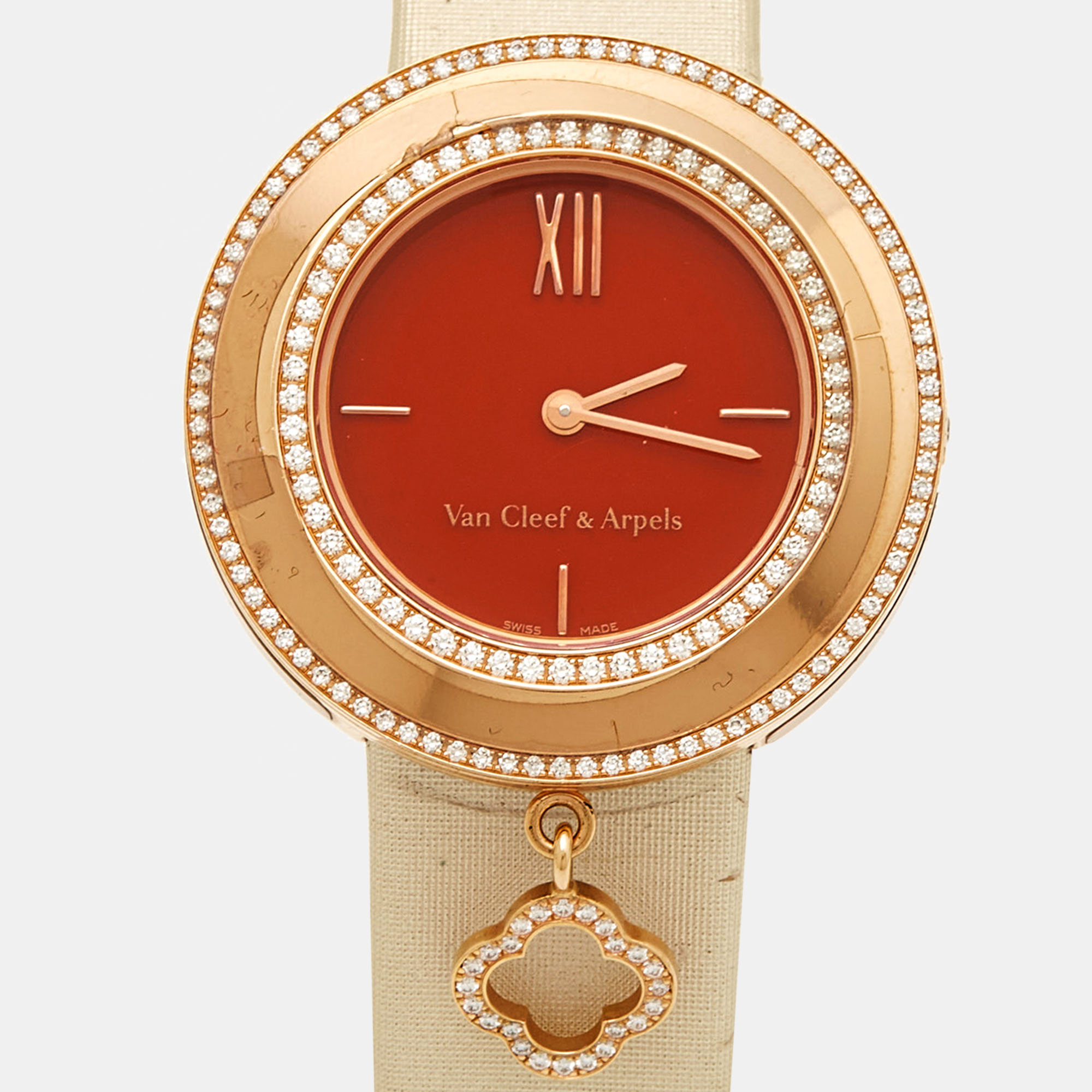 Van Cleef & Arpels Red Carnelian 18K Rose Gold Diamond Charms 2572114 Women's Wristwatch 32 Mm