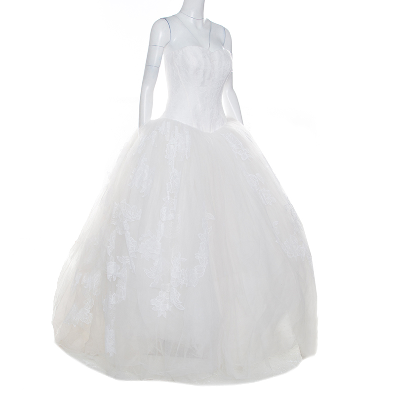 Vera Wang Off White Lace and Tulle Strapless Wedding Gown L