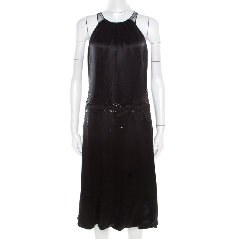Image of Vera Wang Black Embellished Satin Bod Detail Sleeveless Dress M