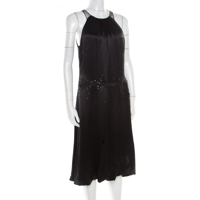 Vera Wang Black Embellished Satin Bod Detail Sleeveless Dress M