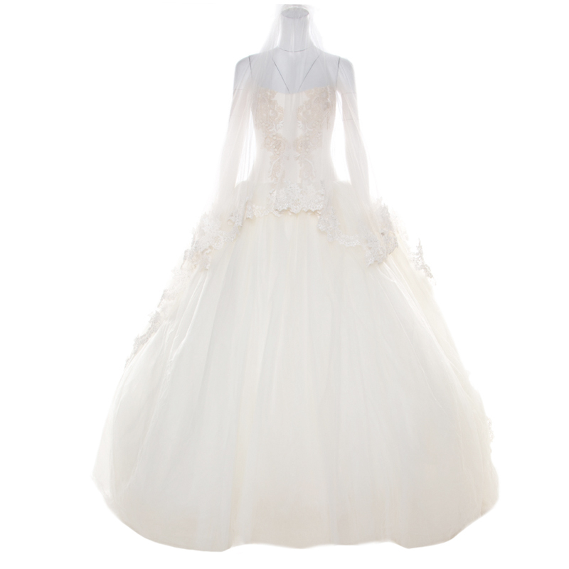 Vera Wang Cream Bead Embellished Silk Layered Tulle Gown L