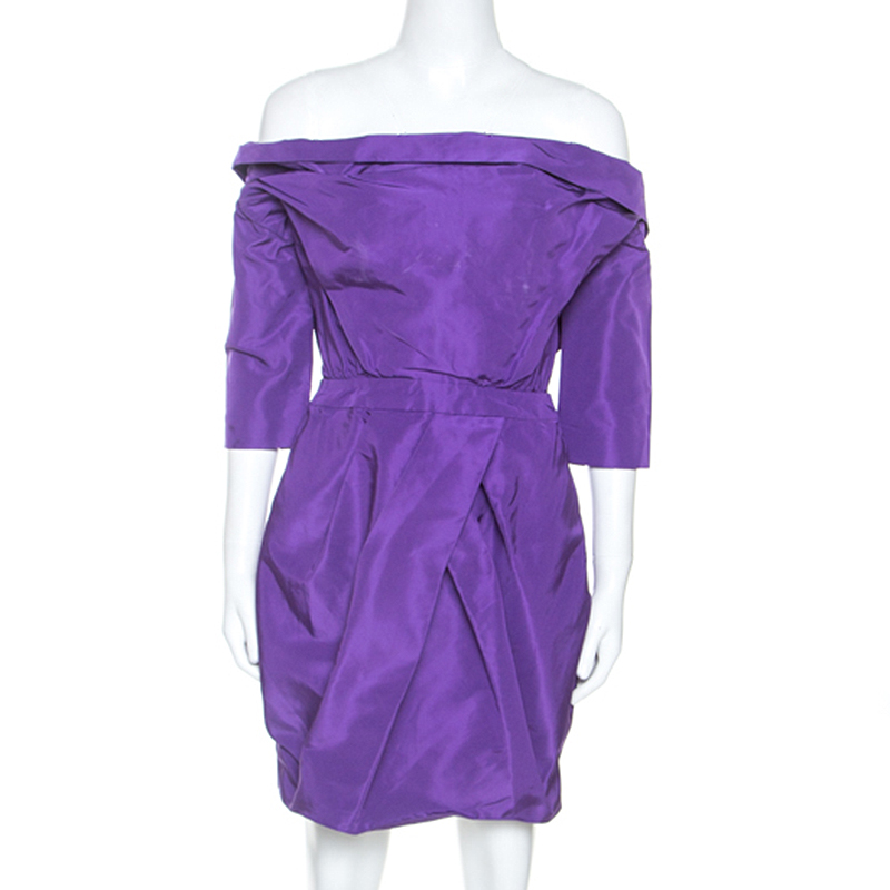 Vera Wang Purple Silk Crystal Embellished Off Shoulder Dress L