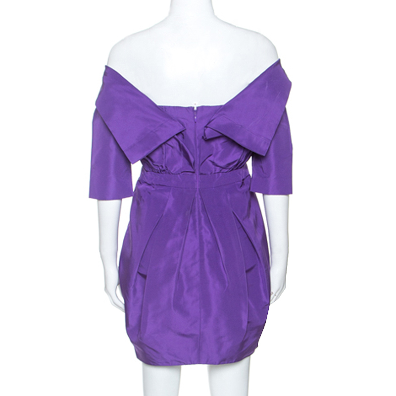 Vera Wang Purple Silk Crystal Embellished Off Shoulder Dress L