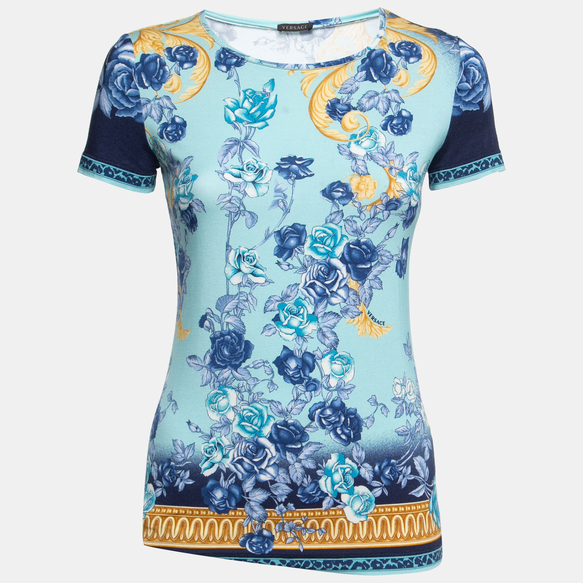 Versace Blue Floral Printed Jersey Round Neck T-Shirt M