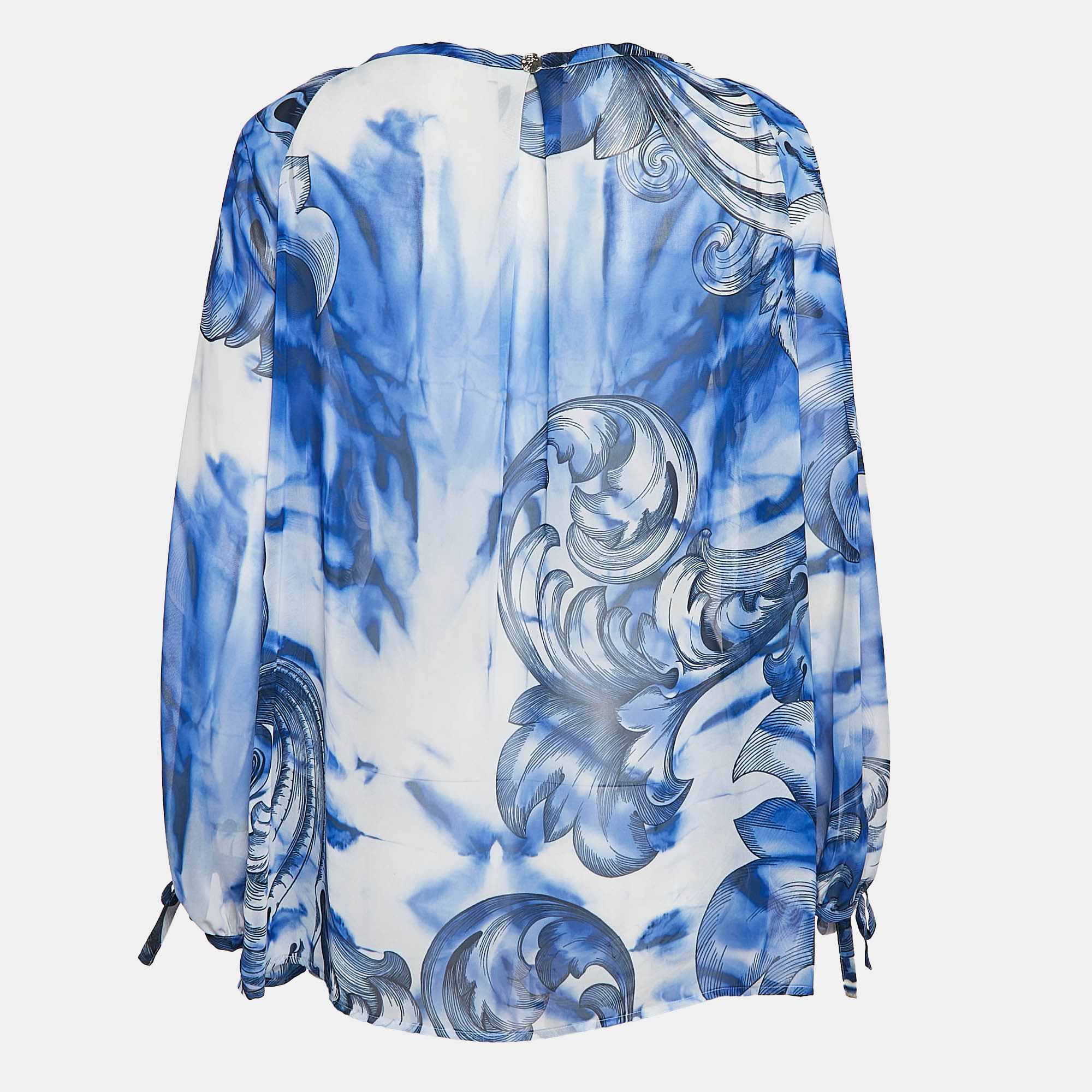 Versace Collection White/Blue Printed Chiffon Lace-Up Top M