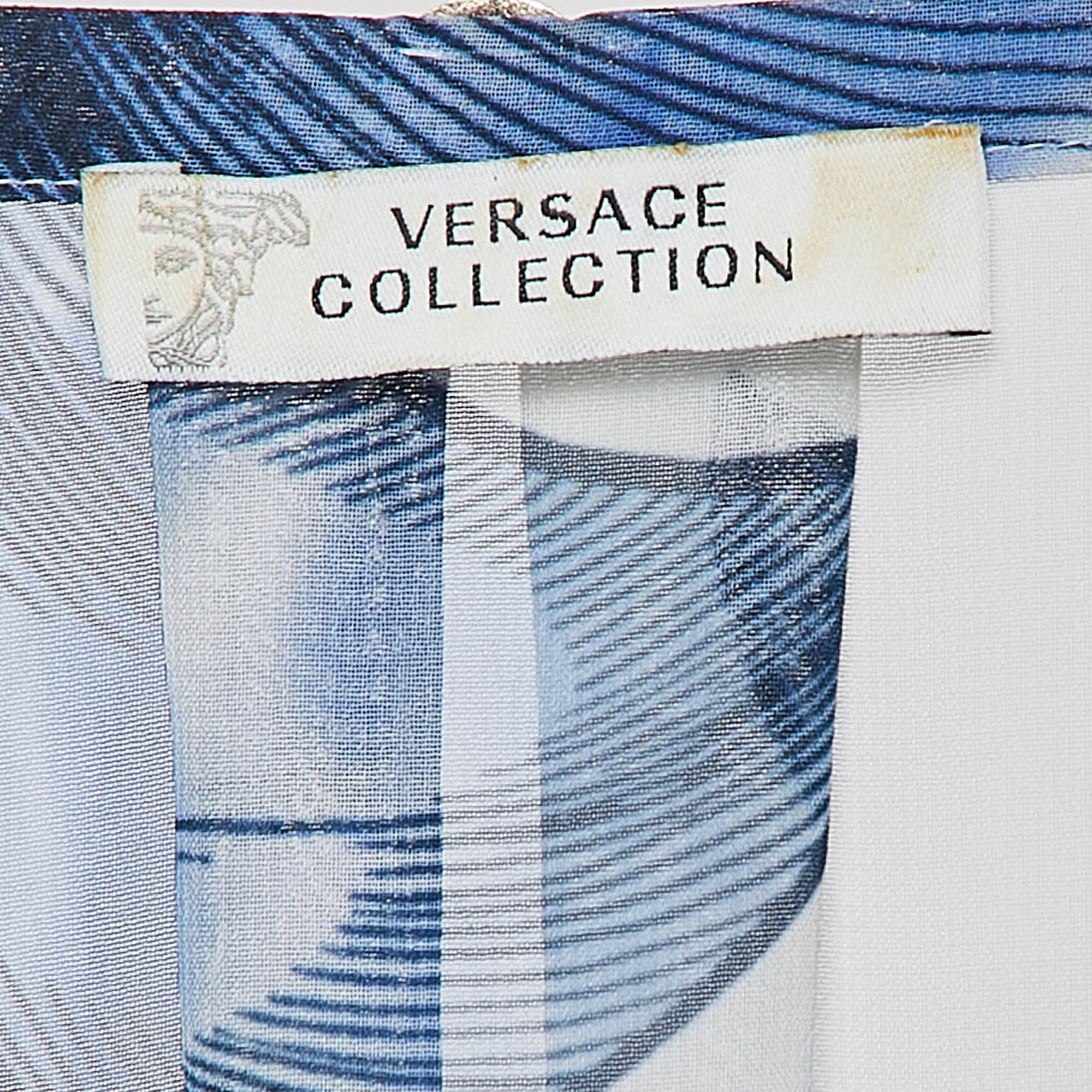 Versace Collection White/Blue Printed Chiffon Lace-Up Top M