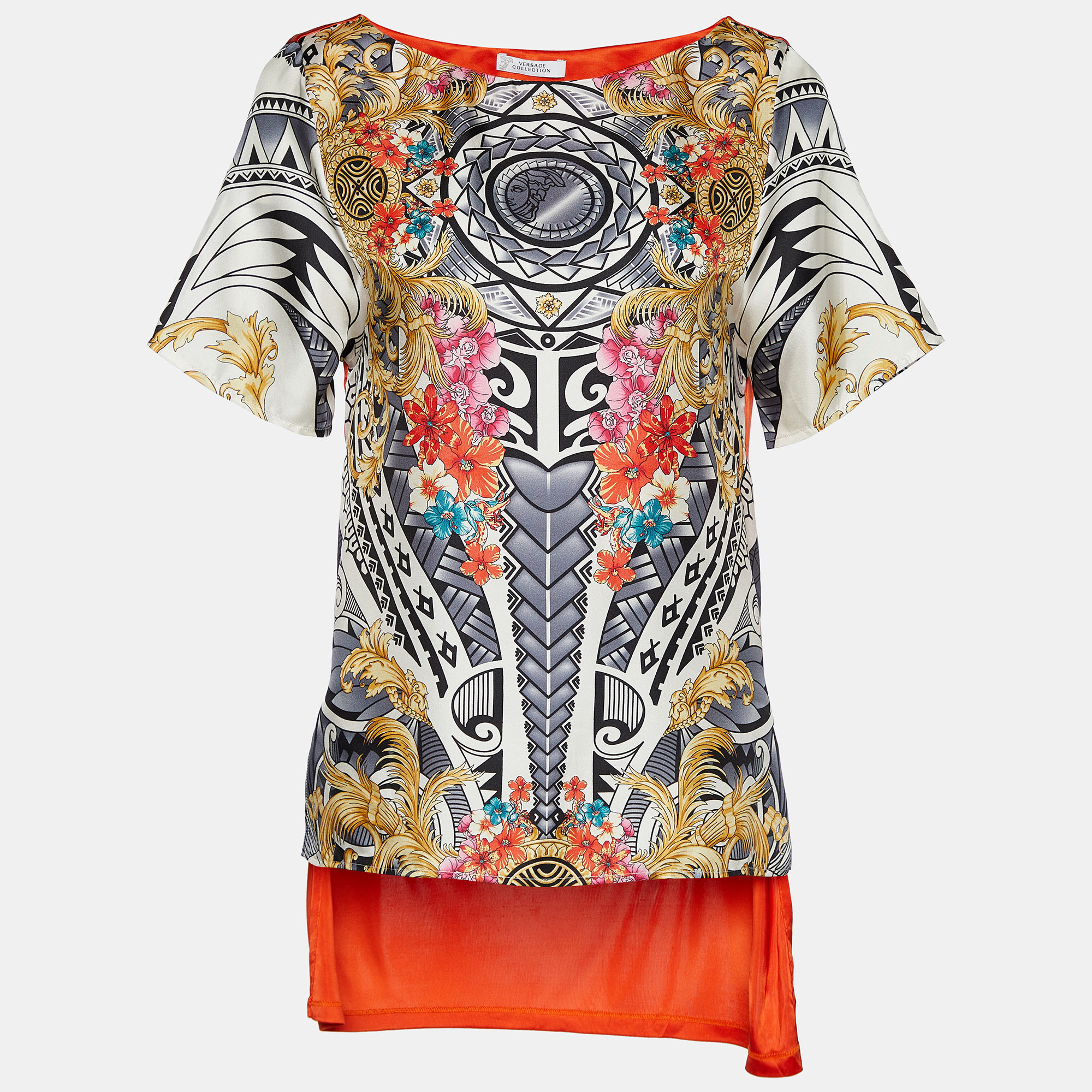 Versace Collection Multicolor Printed Silk & Jersey Hi-Low Hem Top S