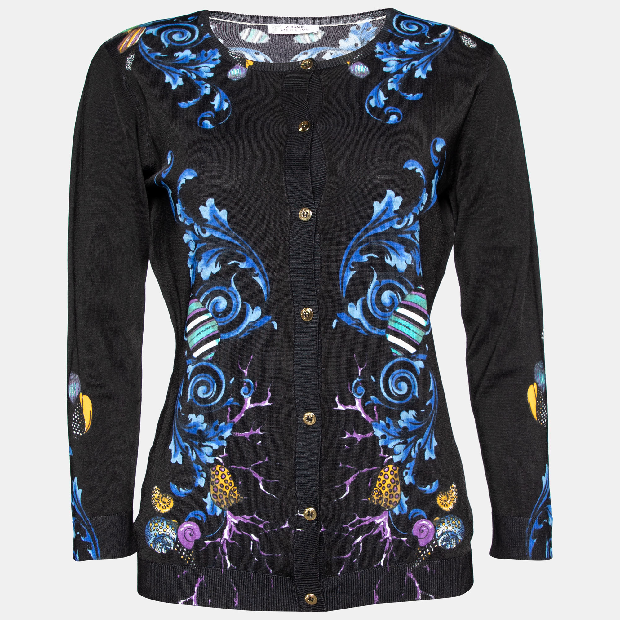 Versace Collection Black Floral Printed Silk Knit Cardigan M