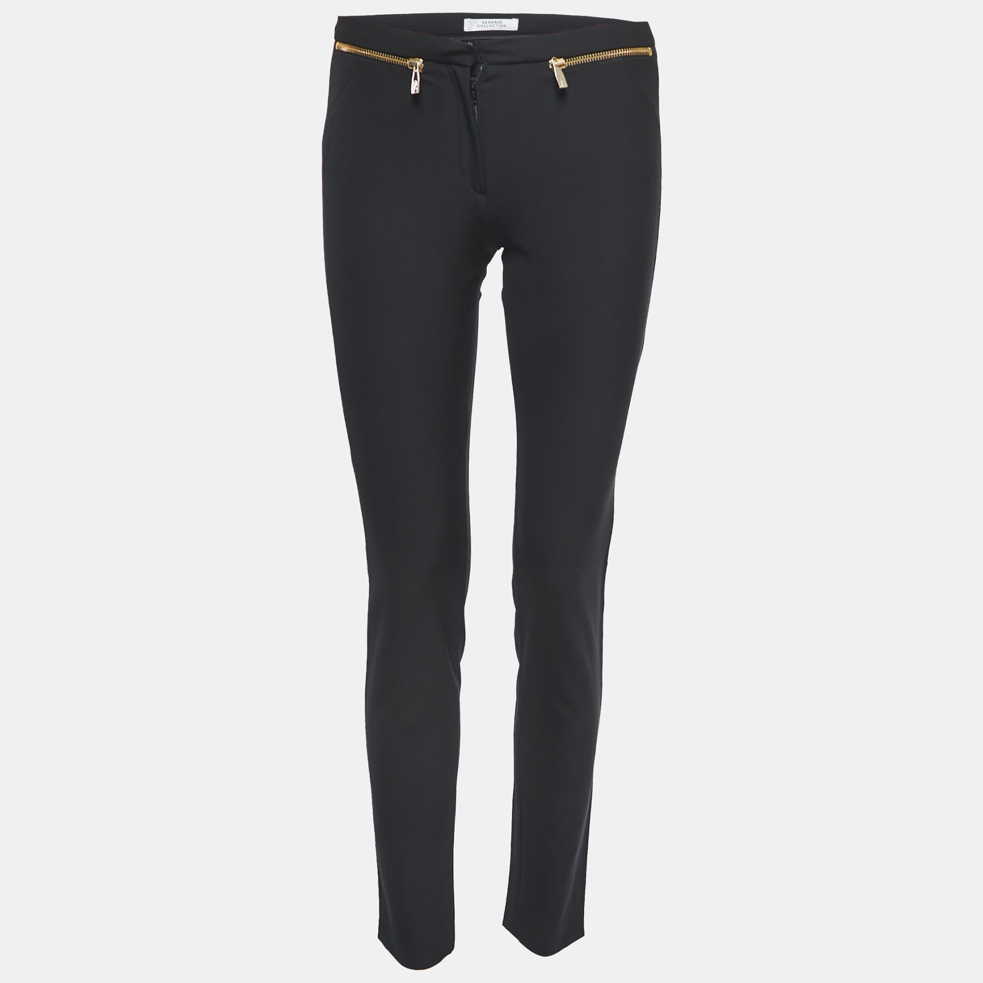 Versace Collection Black Stretch Crepe Front Zip Detail Trousers S