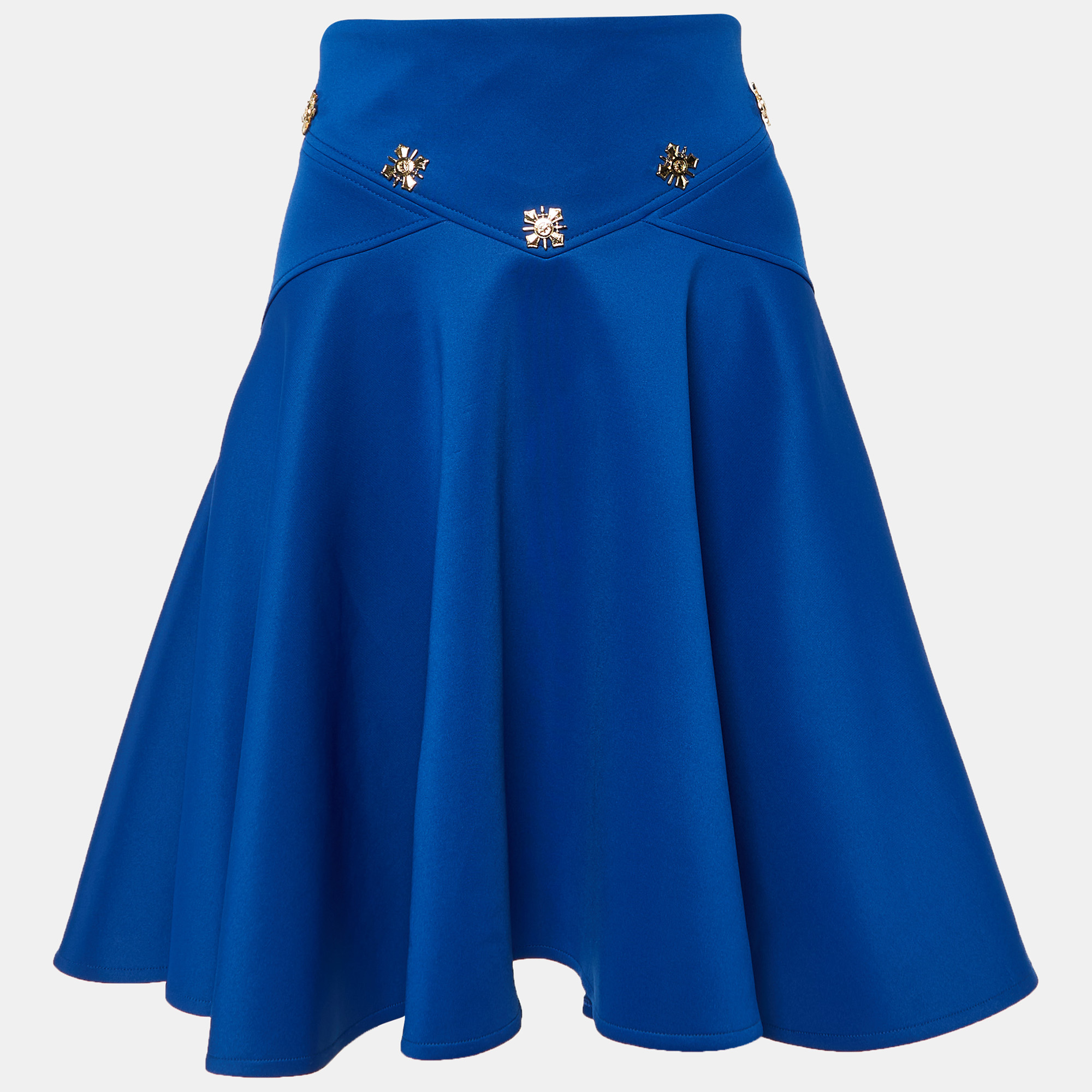 Versace Collection Blue Jersey Embellished Detail Flared Mini Skirt M