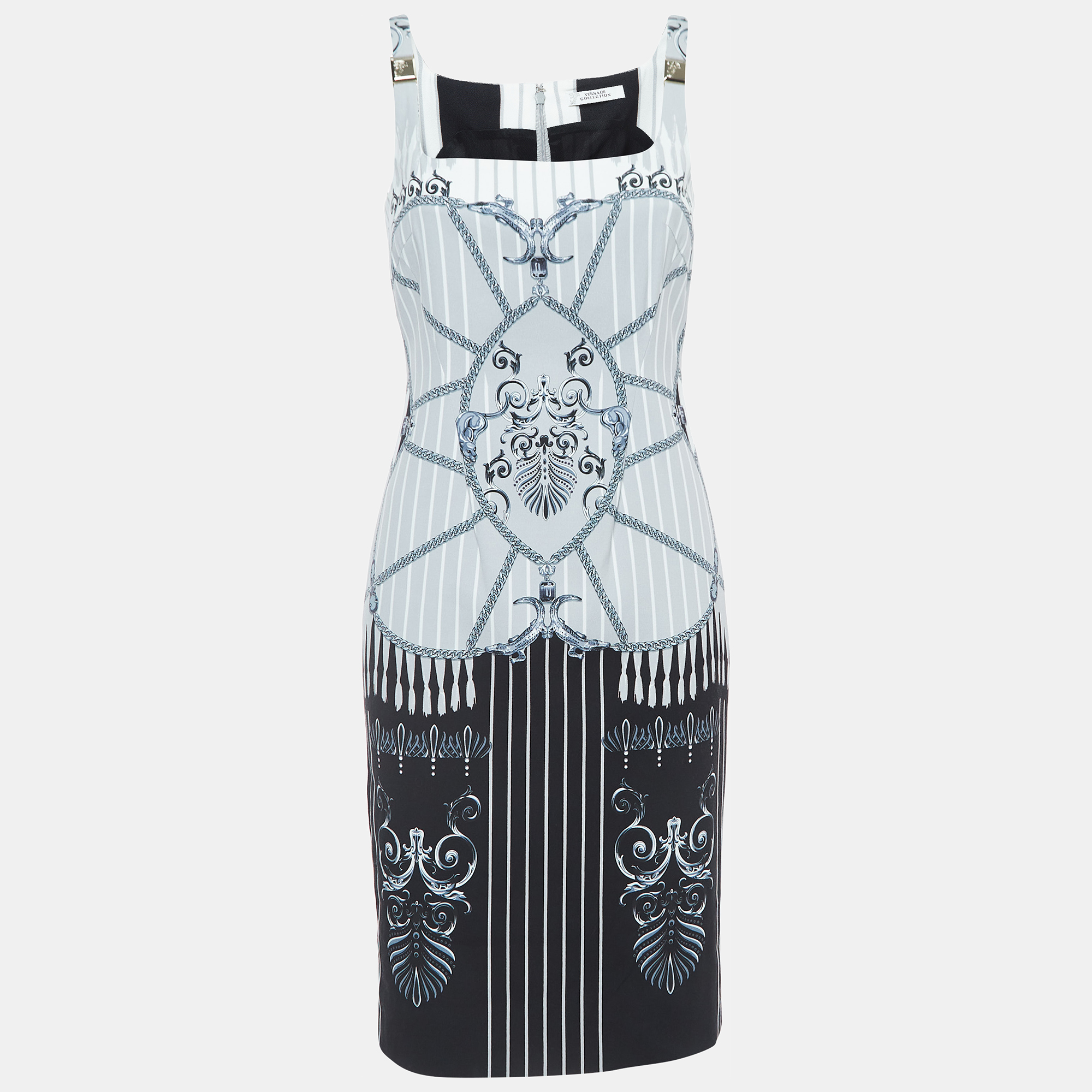 Versace Collection White/Black Chain And Barocco Print Crepe Sleeveless Short Dress M