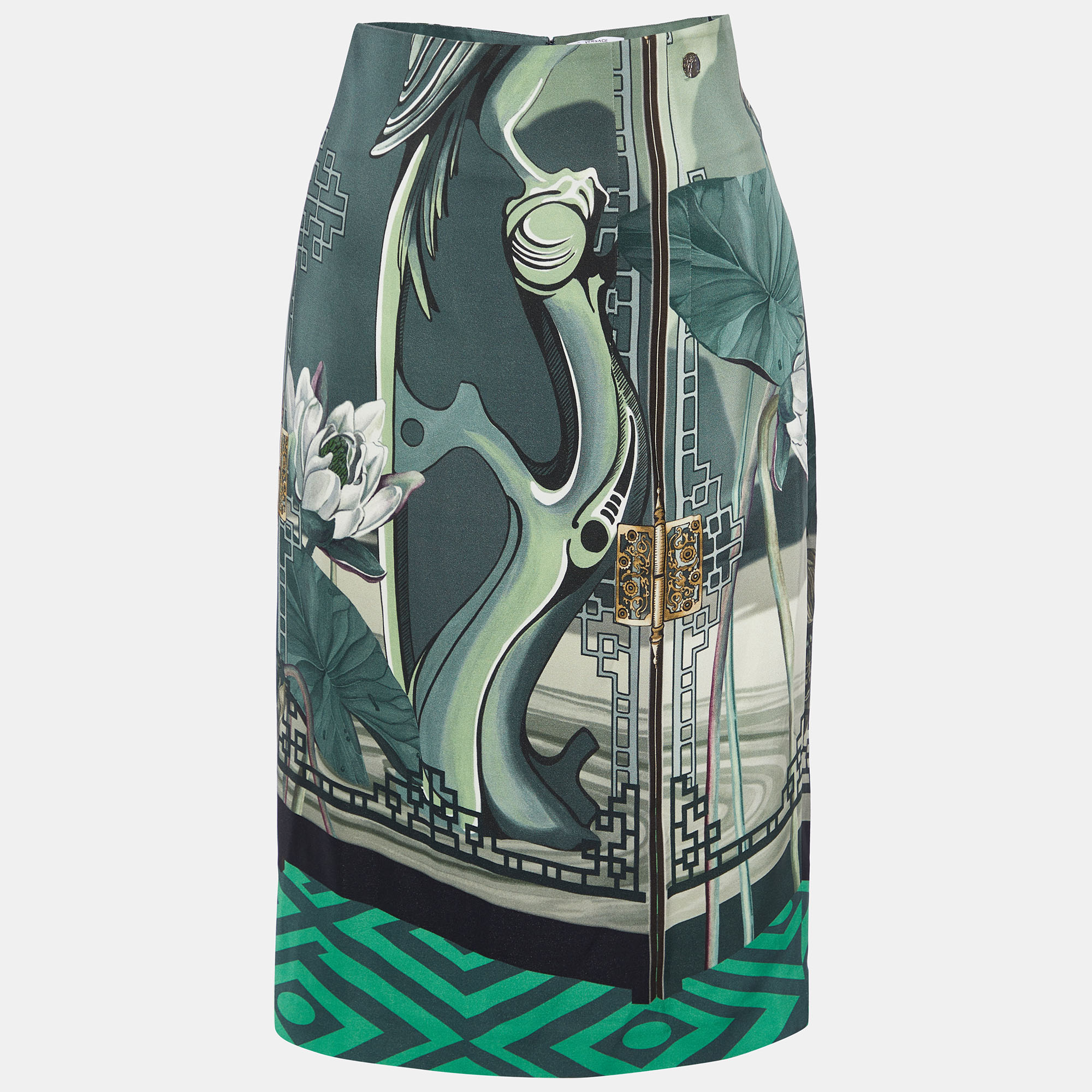 Versace Collection Dark Green Print Crepe Knee Length Skirt L